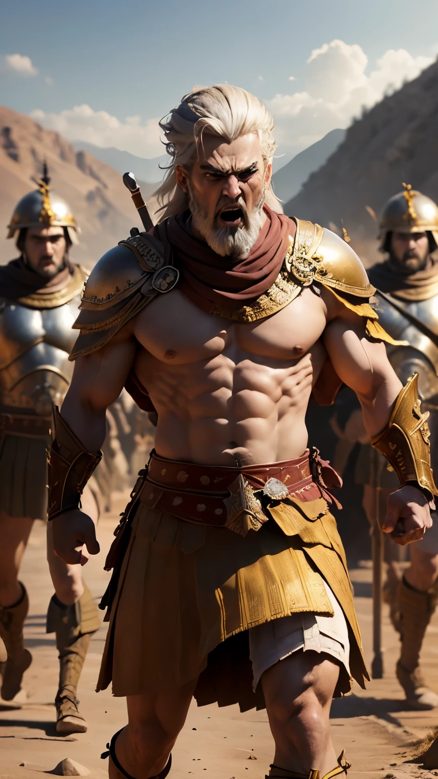 (Professional 3D rendering:1.3) de (Realistic:1.3), king of persia, 20 years old, Handsome, angry, white haired, (background: Soldiers wearing Persian armor retreating 480 BC:1.3) , muscular, white haired, very angry, angry expression, shouting, battleground, ((서사적 영웅 판타지 거친 근육질 남자 젖은 영웅 angry expression 긴 머리 짧은 수염과 역동적인 포즈의 격렬한 표정, fantastic location)),