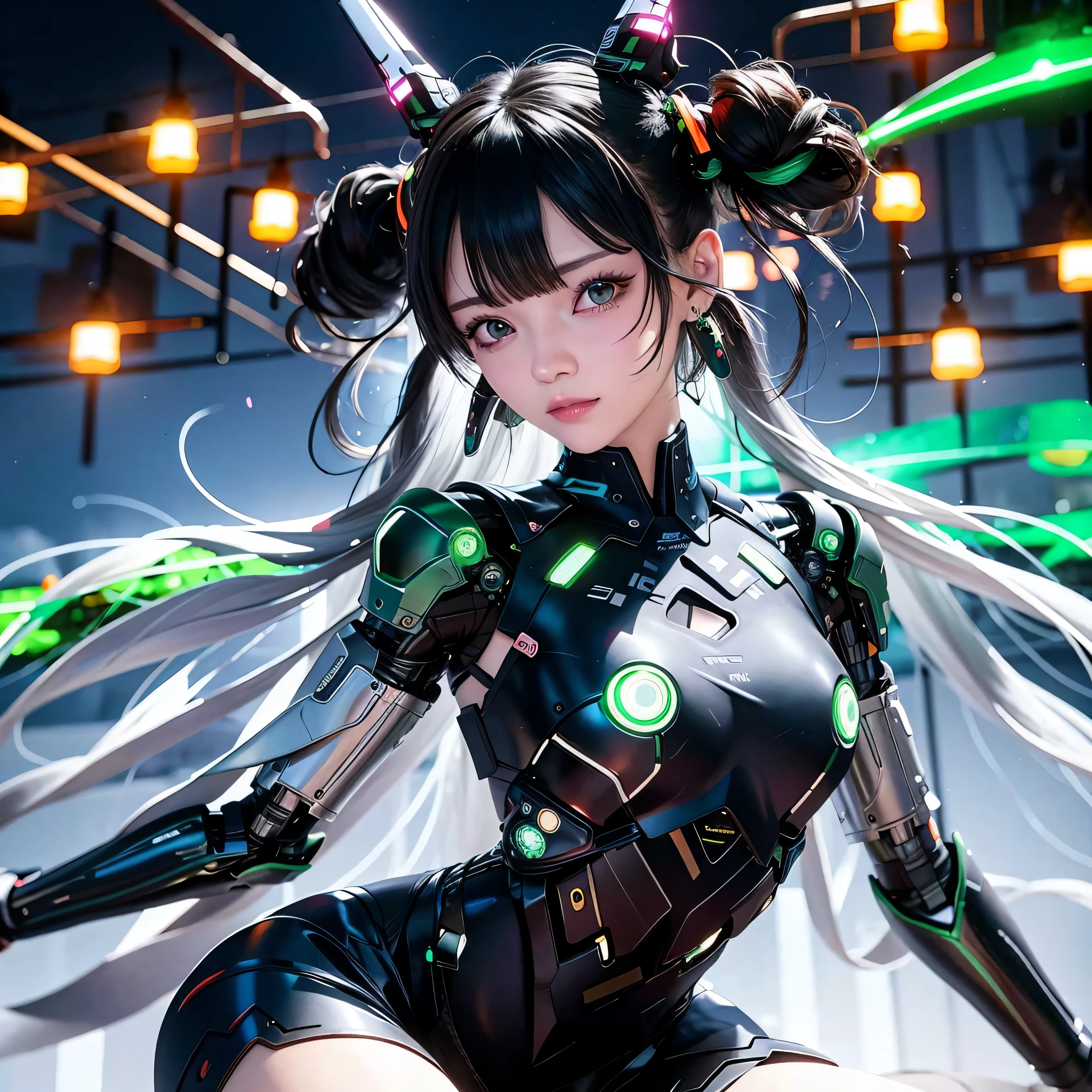 cute cyborg girl、long hair、sharp gaze、デジタルcyber punk、portrait、Future City、neon、cyber punk少女メカ、d cup bust、thighs、shiny skin、kneel down、light、green, cyber city, China dress, cyber punk city, Skyscraper、詳細な発lightヘッドフォン, luminous hair accessories, long hair、lightるearrings, glowing necklace, cyber punk, high tech city, future、technology, 輝くneon, pink light, sexy skirt, digital background urban sky, big moon, with vehicle, 最high quality, masterpiece, 8K, キャラクターエッジlight, Cherry Blossom Dance、ultra high resolution, high quality, the most beautiful woman of mankind, smile, face is facing forward.、earrings, long antenna glow, Beautiful pupils, lightの効果, visual data, 、Super detailed facial texture, Happy and proud, weapon system, Mecha style, Wearing glowing antennae on the head, Back Injector, Girly sitting position, Side leg shrinkage