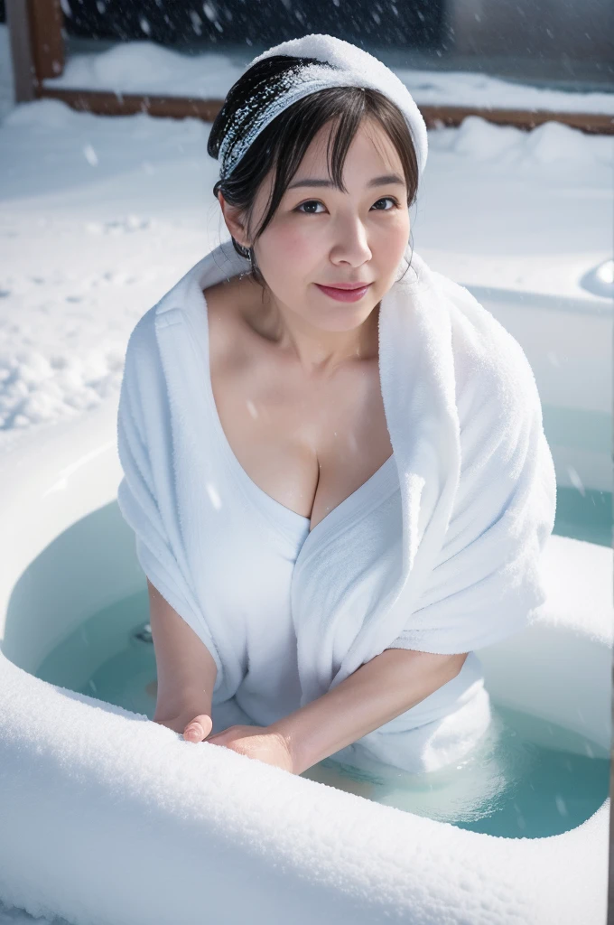 big breasts, Japanese, mature woman, Chubby, 60 years old、In a snowy landscape、Soaking in the open-air bath、穏やかな表情のImature woman。highest quality,8k