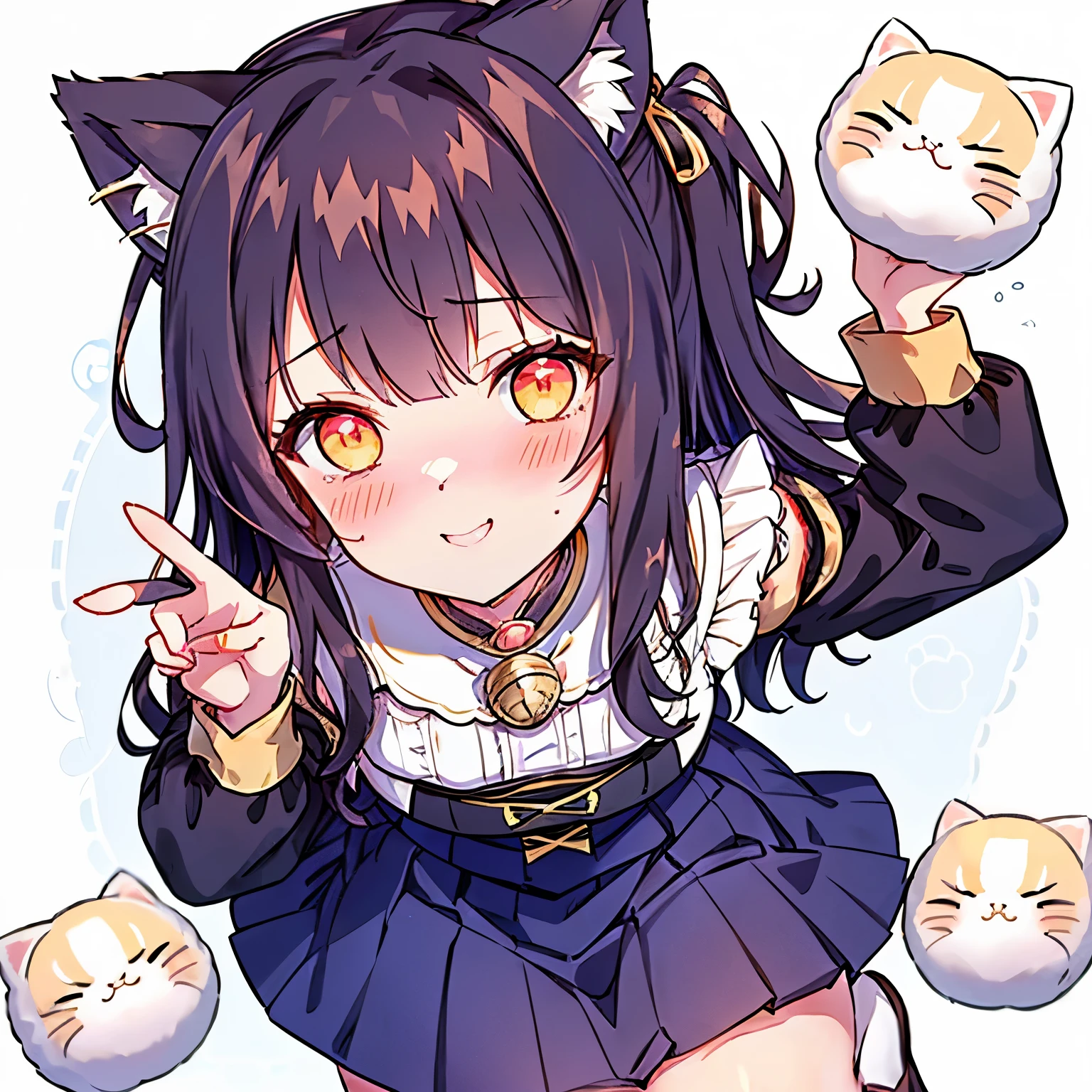 (dark navy hair:1.25),(Fluffy hair:1.2),(long hair:1.2),(With bangs),(big cat ears:1.45),(Orange Eyes:1.4),(blush),(smile:1.2),(hair band:1.35),(Maneki-neko pose:1.45),(Long sleeve blouse:1.25),(lace bustier:1.3),(corset:1.25),(long skirt:1.35),(navy and white clothes:1.5),(close up of face:1.45),(Begging face:1.3),(blush:1.3),