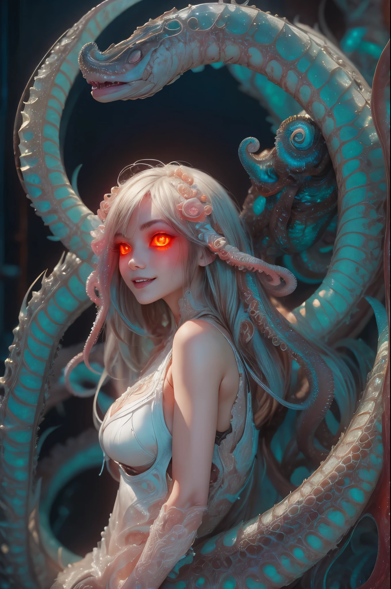 1girl, octopus, animal, on head, sunglasses, bra, shorts, hands tied tentacles, tied tentackle, masterpiece, best quality, highly detailed, white skin, shy face, helpless