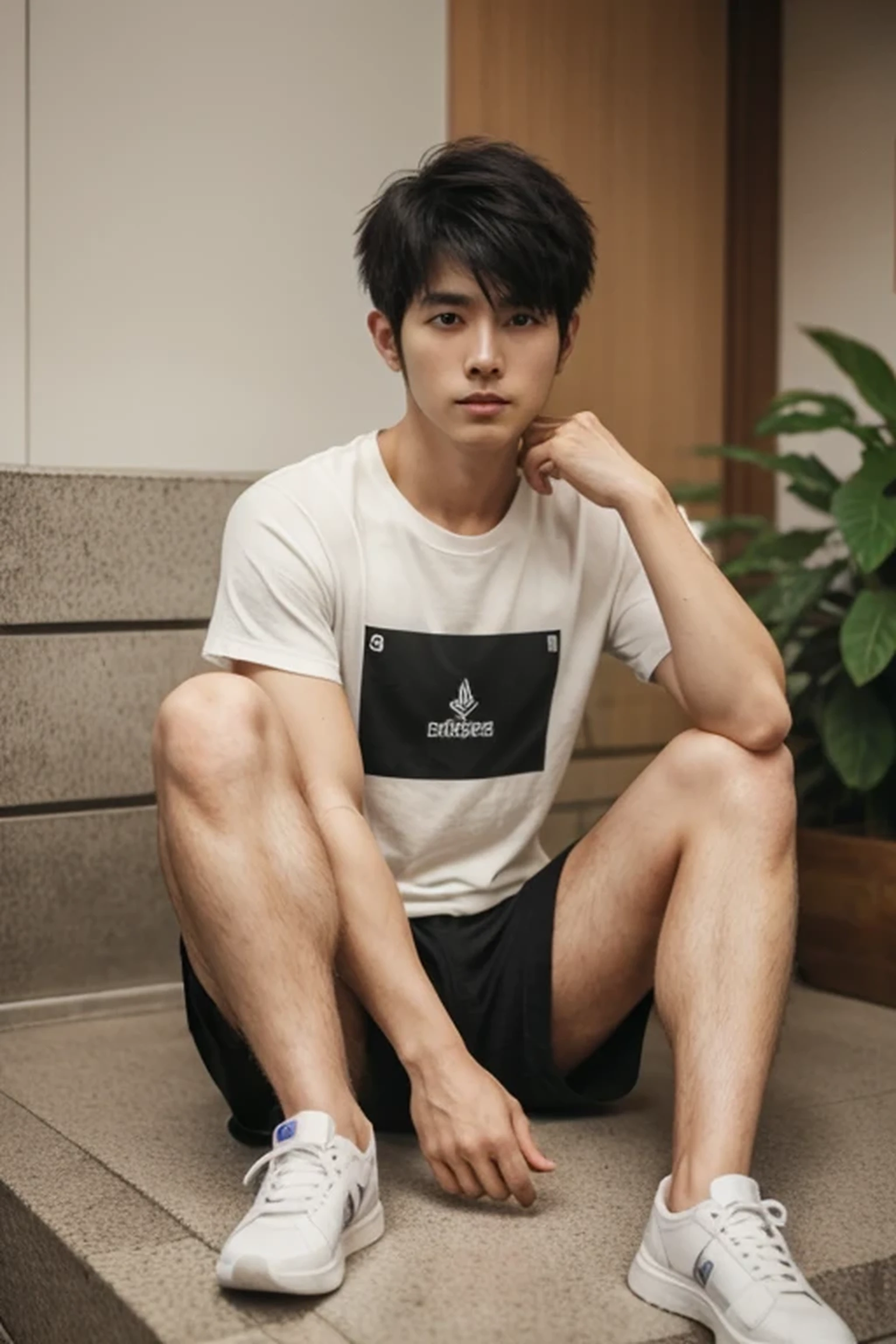 ((hairy legs)), (super sharp focus),toned legs, whole body, two block, messy shortt hair, long legs, Japan Male, 27 years old, wearing shorts, wearing a t-shirt, very short hair, black hair, sitting