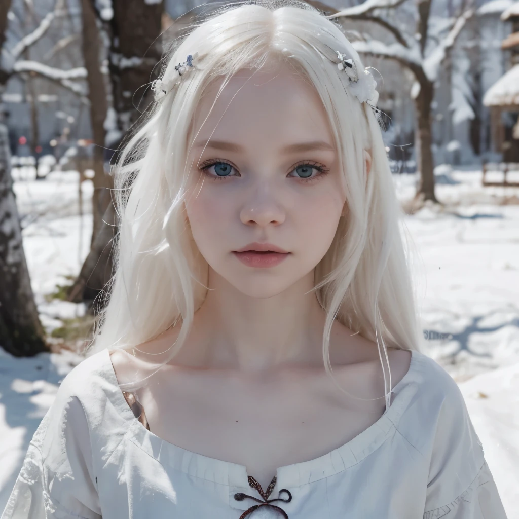 Make the image of an albino girl with snow-white skin, cabelo branco, olhos violetas e usando roupas medievais na cor branca.