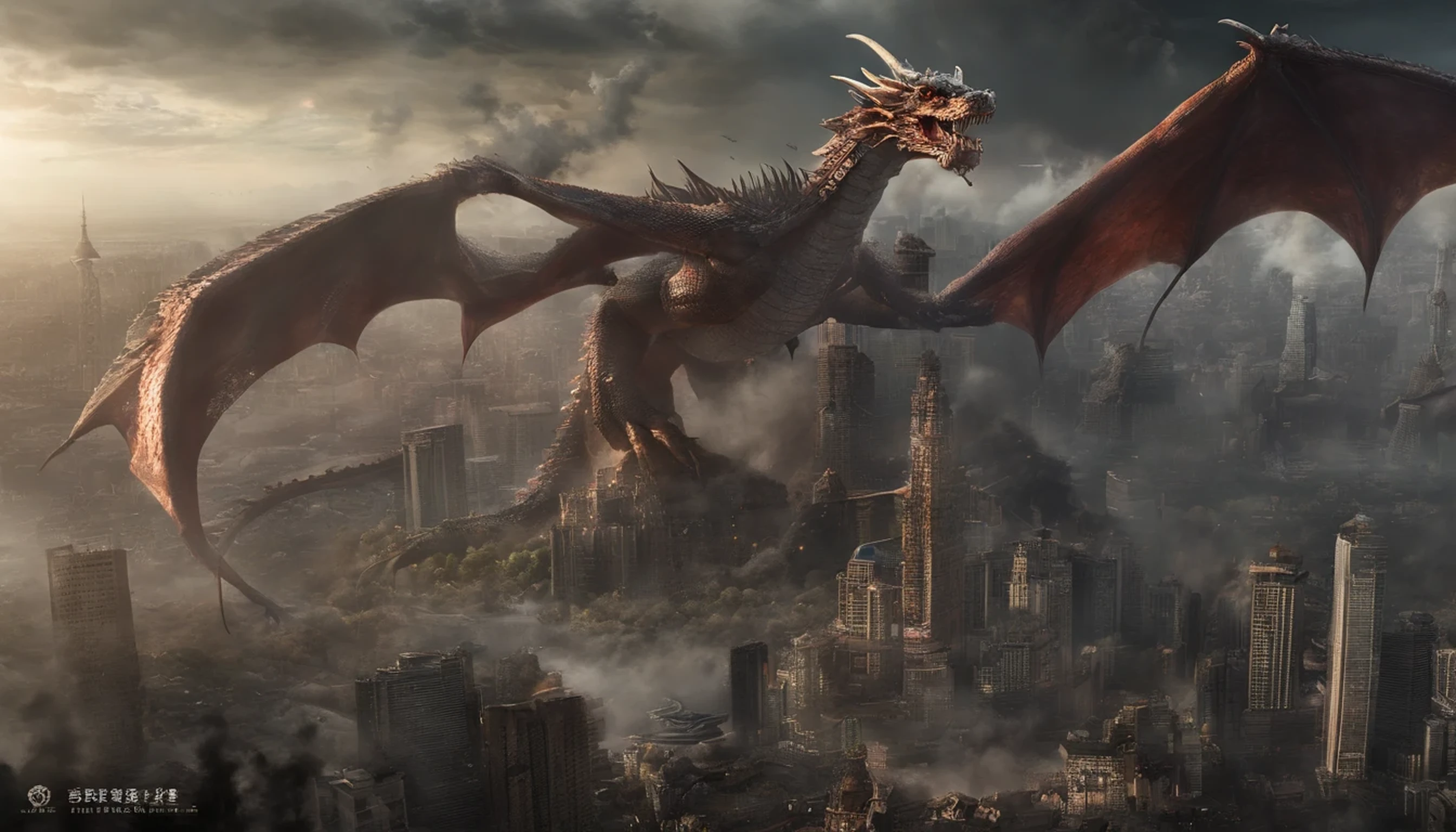 concept art、dark clouds、lightning、(邪悪なdragon)、ダークdragon、Hsien-lung、Huge dragon flying in the air、Has demonic Huge winganya、dystopia、take a breath、Burn down the city、realistic、real image、aerial perspective、(上空を飛ぶHsien-lungを地上から見上げる構図)、Huge、Burn everything on earth、end、red glowing eyes、humankind annihilation、the city was engulfed in Burns、crocodile-like face、(western dragon)、(dragon&#39;head is a little small)、赤と黒のHsien-lung、flames like a nuclear explosion、Remains、pile of rubble、1dragon、conceptual art, shortening, wide angle, nffsw, pieces fly, rough skin, Super detailed, advanced details, High resolution、Composition of a dragon seen from below、dust fly、(apocalyptic world)、scale、Burn、Fine scale、(((lightningを纏う青く光る剣を構える鎧を着た勇者の少年)))、