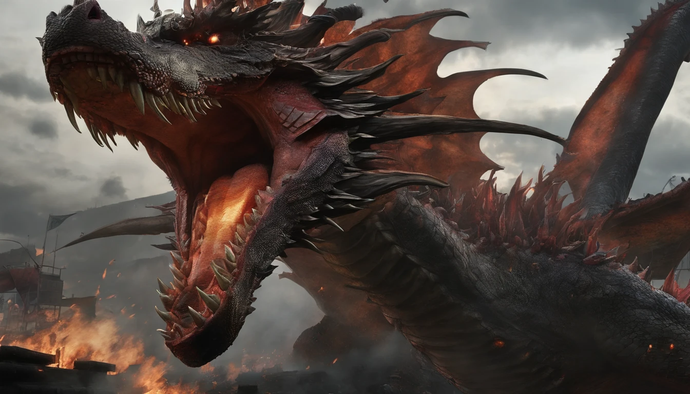 concept art、dark clouds、lightning、(邪悪なdragon)、ダークdragon、Hsien-lung、Huge dragon flying in the air、Has demonic Huge winganya、dystopia、take a breath、Burn down the city、realistic、real image、aerial perspective、(上空を飛ぶHsien-lungを地上から見上げる構図)、Huge、Burn everything on earth、end、red glowing eyes、humankind annihilation、the city was engulfed in Burns、crocodile-like face、(western dragon)、(dragon'head is a little small)、赤と黒のHsien-lung、flames like a nuclear explosion、Remains、pile of rubble、1dragon、conceptual art, shortening, wide angle, nffsw, pieces fly, rough skin, Super detailed, advanced details, High resolution、Composition of a dragon seen from below、dust fly、(apocalyptic world)、scale、Burn、Fine scale、(((lightningを纏う青く光る剣を構える鎧を着た勇者の少年)))、