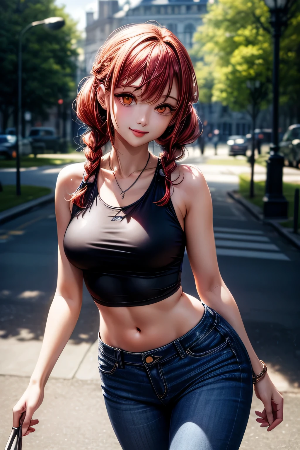 Luna, expressive eyes, perfect face, detailed, sharp, shadows, reflections, sun rays, extremely detailed, high file size, sharp, 1girl, smooth skin, perfect skin, light skin, red lips, Scenery, background, detailed background, french-braids hair, french-braids, (light red, red hair), black tipped hair, [black hair], (orange eyes), bright eyes, glowing eyes, light-smile expression, light-smile, (singlet, tank top, ), black singlet, tank top, navel, (jeans), (black:1.1) jeans, park background, park, standing, perfect breats, medium breasts, long hair, twintails, hair behind ear, makeup, light smile, cinematic, cinematic lighting, cinematic lighting, motion blur, god rays, ray tracing, reflection light, glowing light, bloom, (masterpiece), best quality, 8k, 4K, 16k, UHD, masterpiece, high quality, best quality  