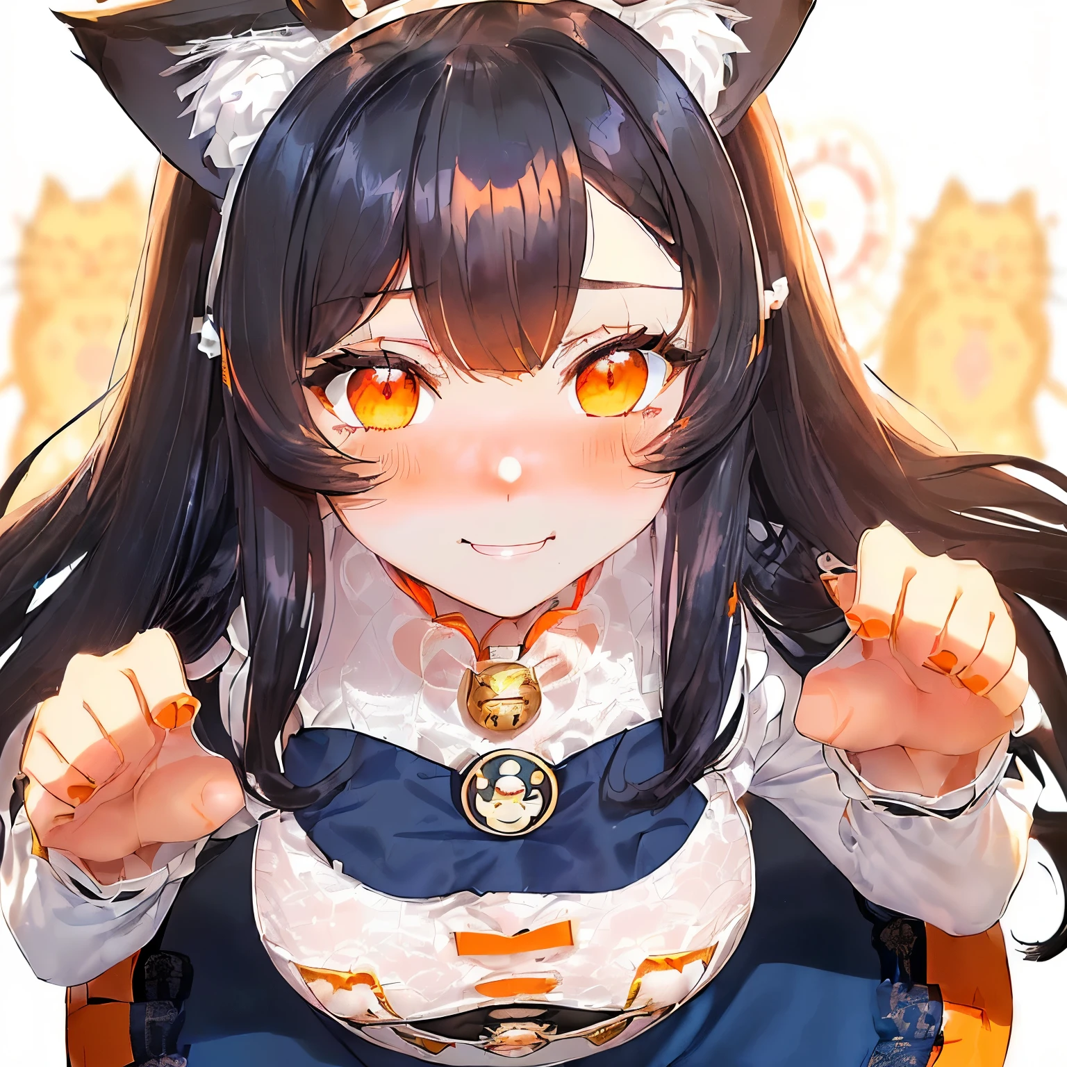 (dark navy hair:1.25),(Fluffy hair:1.2),(long hair:1.2),(With bangs),(big cat ears:1.45),(Orange Eyes:1.4),(blush),(smile:1.2),(hair band:1.35),(Maneki-neko pose:1.45),(Long sleeve blouse:1.25),(lace bustier:1.3),(corset:1.25),(long skirt:1.35),(navy and white clothes:1.5),(close up of face:1.45),(Begging face:1.3),(blush:1.3),