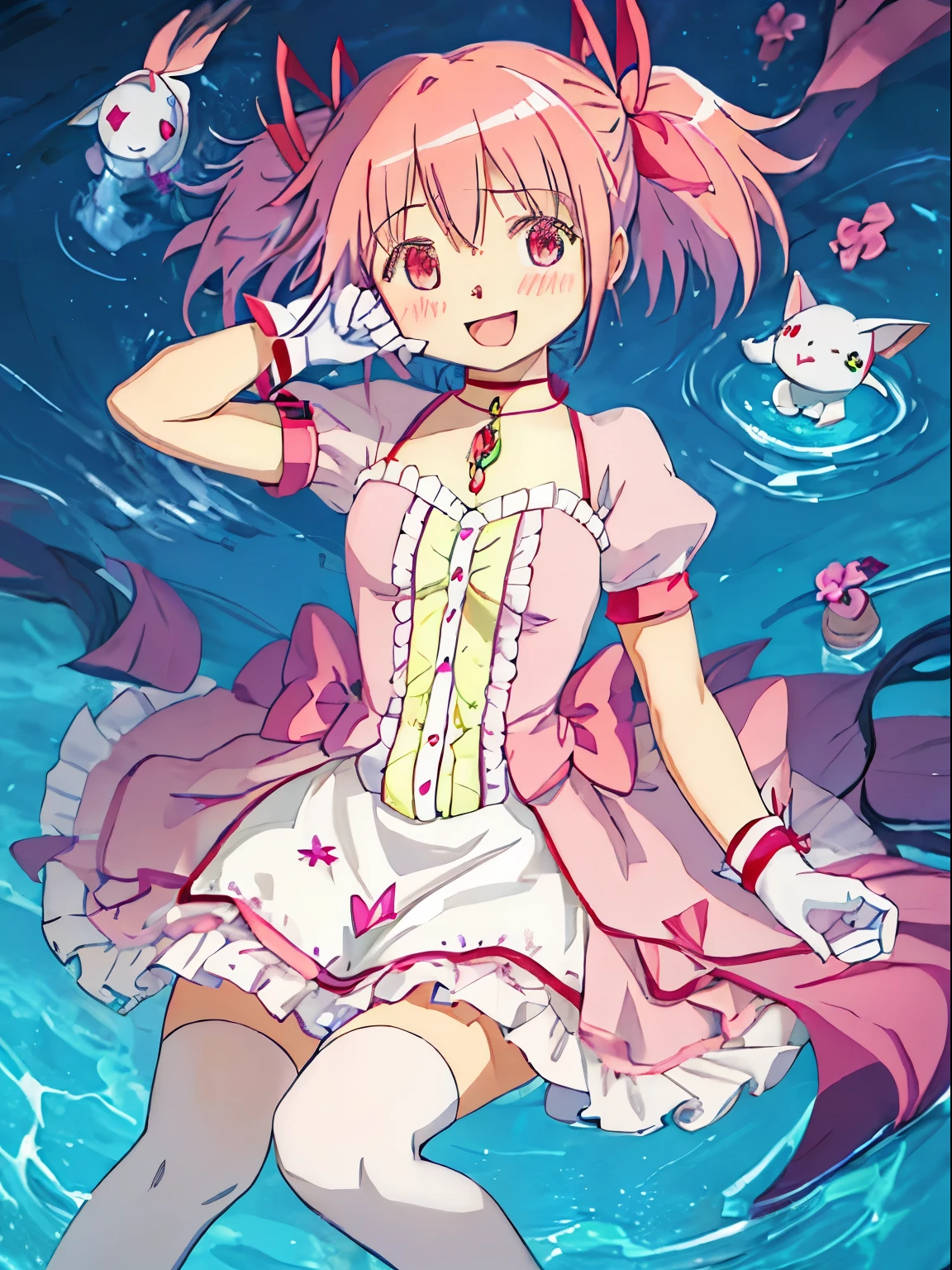 highest quality, table top, High resolution, alone, {Kaname_Madoka_Puera Magimad Magica:1.15}, pink_hair, short_hair, twin tails, short_twin tails, pink_eye, ribbon, hair_ribbon, bow, blush, 1girl in, choker, hair_bow, Magic_girl, gloves, white_gloves, swollen_dispel, Open_mouth, smile