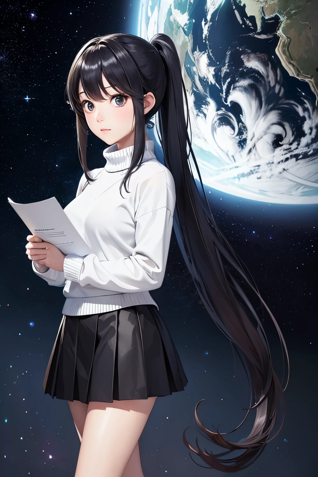 high quality、8K、photorealistic anime drawings、Inside the dark planetarium、stars projected on the wall、1 female、(long ponytail、black skirt、white knit)、(holding an advertising paper in hand)