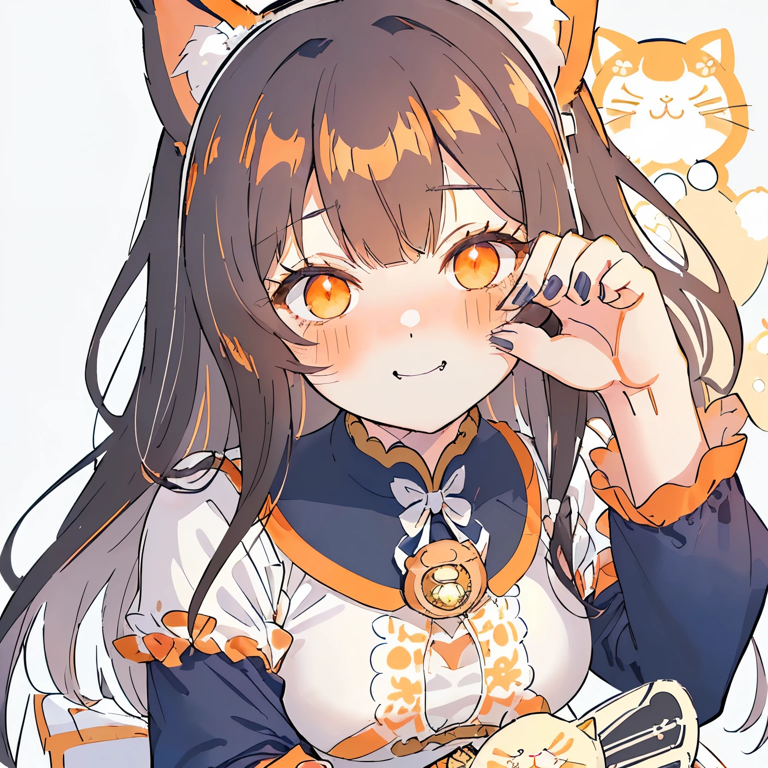 (dark navy hair:1.25),(Fluffy hair:1.2),(long hair:1.2),(With bangs),(big cat ears:1.45),(Orange Eyes:1.4),(blush),(smile:1.2),(hair band:1.35),(Maneki-neko pose:1.45),(Long sleeve blouse:1.25),(lace bustier:1.3),(corset:1.25),(long skirt:1.35),(navy and white clothes:1.5),(close up of face:1.45),(Begging face:1.3),(blush:1.3),