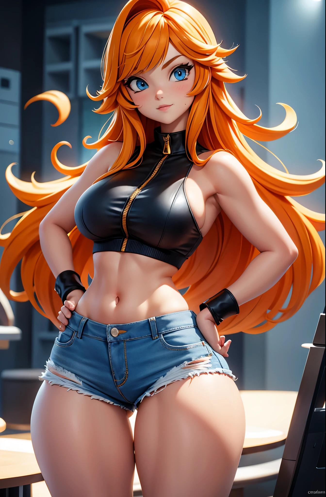 Nordic girl, white skin, medium-short height, medium orange hair, with unruly bangs. Lively and expressive blue eyes. Small and dynamic figure. She was wearing torn shorts, a shirt with a striking gold zipper. high heels most beautiful woman in the world, nsfw, big boobs, big ass