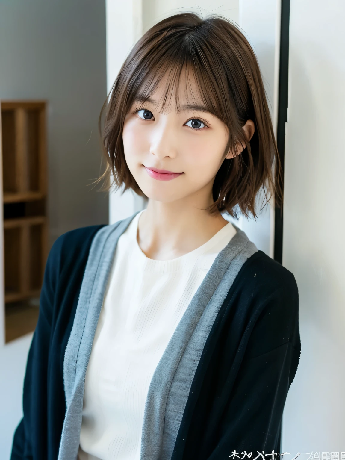 20 year old Japanese woman with dynamic hair、Wearing a black cardigan、Taken in front of a white wall、Inside a white walled room with a window、light bob、brown hair、average face of a japanese woman