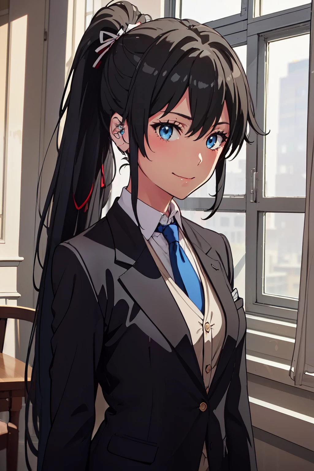 ((best quality)), ((masterpiece)), (detailed) 1girl 1girl, ;\), blurry, blurry_background, breasts, , hair_ponytail ribbon, looking_at_viewer, ok_sign, one_eye_closed, open_hand, Yukinoshita Yukino ,Woman wearing formal clothes, An attractive coat stands in a large gap in the room , 1girl, 独奏, blue necktie, Black hair, eyes blue, long hair, smile , collared shirt, white pants, white shirt , Elegantly designed coat , Stand in front of a window ,Perfectly tailored tailcoat. It has a stunning Victorian design and is made of lustrous fabric