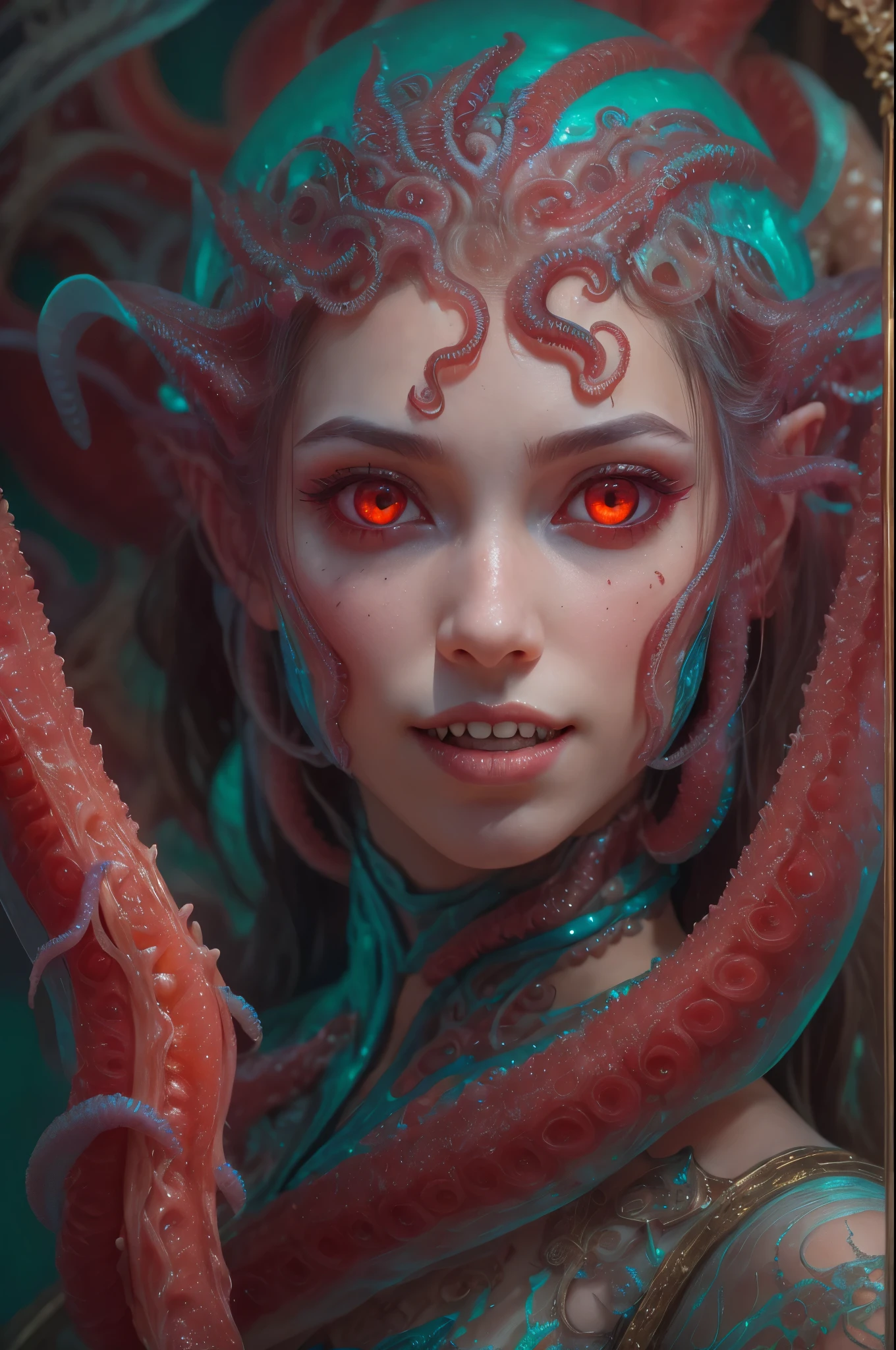 scary and sexy detailed art in color, Portrait, (beautiful and obscene female alien:1.4), (vulgarity1.5), (she has glowing red eyes with no pupils:1.8), (Translucent skin:1.7), ((There is a female genital-like organ in the middle of the forehead:1.9)), (The most beautiful face in the history of the universe:1.2),an evil gaze that seduces, (large mouth:1.1), (sharp teeth like a vampire:1.2), Full body portrait, (bio luminescent:1.5), (Smile wickedly:1.3), (sexypose:1.5), incredibly beautiful matured alien, (she has unparalleled beauty:1.5), No humans, cells are fused, (Lots of translucent tentacles:1.6) extraterrestrial, cell, bio image, best quality, 8K,In 4K_quality, High freshness, Dramatic Lighting, masterpiece:1.5, cinematic quality, detail up, (exquisite details:1.2), high resolution, High freshness, drawing faithfully, (Thick eyebrows:1.2), Beautiful eyes with fine symmetry, (Highly detailed face and eyes:1.2), (Super detailed skin quality feeling:1.1), perfect anatomy, (Beautiful toned body:1.5), (Moist skin:1.2), not wearing makeup, (dark circles:1.1), long canines, cinematic drawing of characters, ultra high quality model, cinematic quality, detail up, (exquisite details:1.2), high resolution, High freshness, drawing faithfully, official art, Unity 8K Wall , 8K Portrait, best quality, Very high resolution, ultra detailed artistic photography, midnight aura, unreal engine 5, Ultra Sharp Focus, art by Amano Yoshitaka, ArtGerm, Roisch, intricate artwork, best quality, masterpiece, ultra high resolution, (photos realistic:1.4), ultra realistic realism, dream-like, nautilus, Creation of fantasy, Snail, Dream Snail, (biopunk nautilus:1.3),Thrilling color schemes, ultra realistic realism, seductively smiling, (white tentacles with stripes:1.2), subtle emerald green accents, (expression of ecstasy:1.6) , in the dark, she has snake-like eyes