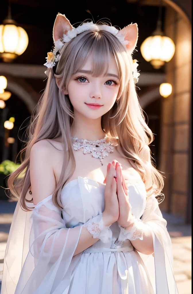 Prayer Pose、bright smile、young shiny glossy white shiny skin、best beauty、very beautiful hair、Hair with dazzling highlights、shiny bright hair、smooth hair、Shining beautiful bangs、Shining clear attractive big pale eyes、very beautiful lovely cute 16 year old girl、rich bust、small face beauty、whole body、Hold your hands in front of you、Uma Musume、Horse ears、adult