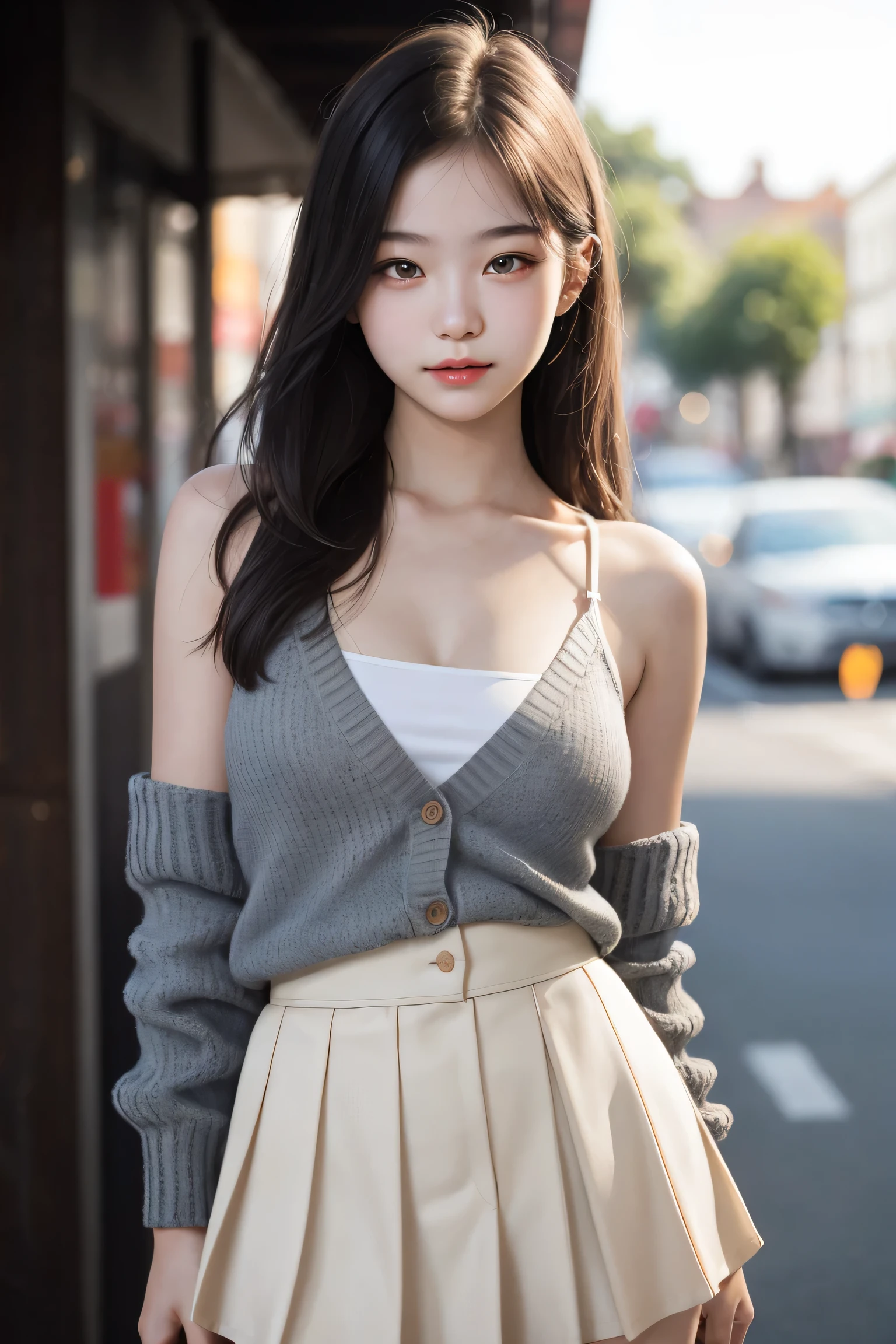 dating attire, sweater jacket, necktie, collared shirt, brown skirt, belt, (masterpiece, best quality:1.2), 1girl, solo, ((bare shoulders)), (actual:1.37), ((lying on a beach)), ((Bird's eye view shot)), Sweet maiden, beautiful妆容, Exquisite makeup, Extremely beautiful eyes, long hair, curls, slim body, ((big breasts, Big breasts, cleavage)), Sexy slender legs, The skirt is short, Leaking sexy legs, elegant posture, Dynamic posing, best quality, correct, correct的手, correct的腿, 解剖学correct, official art, complex, detail的脸, detail, lifelike, Very detailed, amazing, beautiful, Young and energetic, Charming model, Meticulous CG Uniform 8k wallpaper