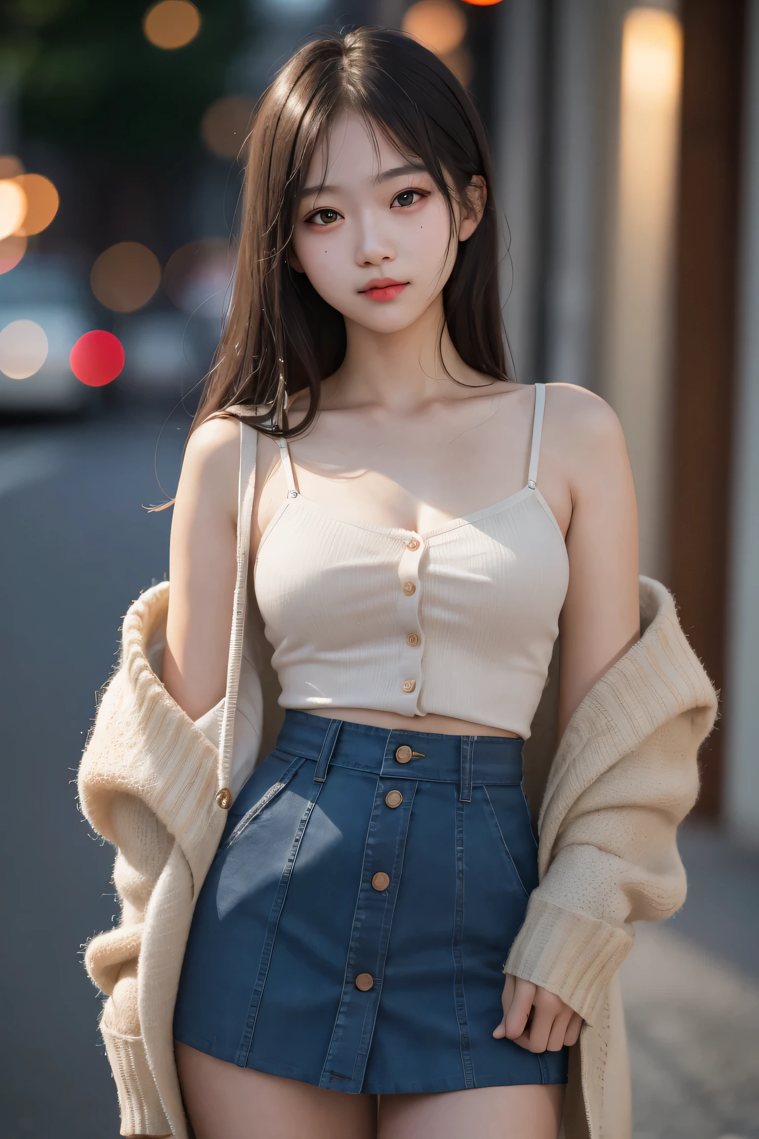 1 girl, cute, 16 years old, fascinating look, While looking at the camera, Spaghettist Laptop, High waist short skirt, photograph, realistic, highest quality, hire, detailed face, detailed background, diffused lighting, Depth of bounds written, Bokeh, cardigan