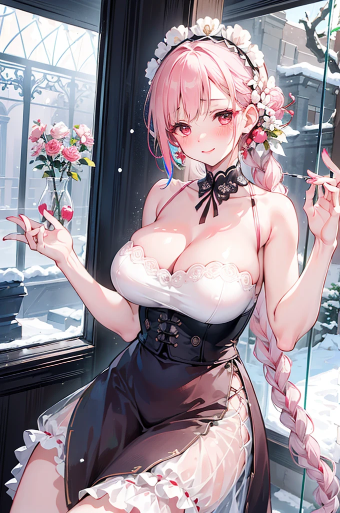 perfect human body,girl, mature female, mature, Beautiful wife,milf, long hair, french braid, side braid, Big, etc,blush, lipstick,(Very detailed background、snow,Glass flower room), clavicle,(ultrashort)ta skirt,translucent,((woman with fever)), huge ,((The expression of color)), (blush:1.2), Smile,