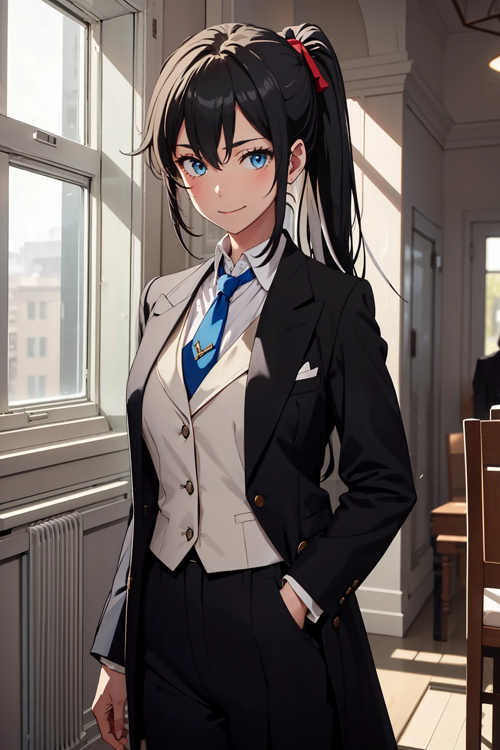 ((best quality)), ((masterpiece)), (detailed) 1girl 1girl, ;\), blurry, blurry_background, breasts, , hair_ponytail ribbon, looking_at_viewer, ok_sign, one_eye_closed, open_hand, Yukinoshita Yukino ,Woman wearing formal clothes, An attractive coat stands in a large gap in the room , 1girl, 独奏, blue necktie, Black hair, eyes blue, long hair, smile , collared shirt, white pants, white shirt , Elegantly designed coat , Stand in front of a window ,Perfectly tailored tailcoat. It has a stunning Victorian design and is made of lustrous fabric