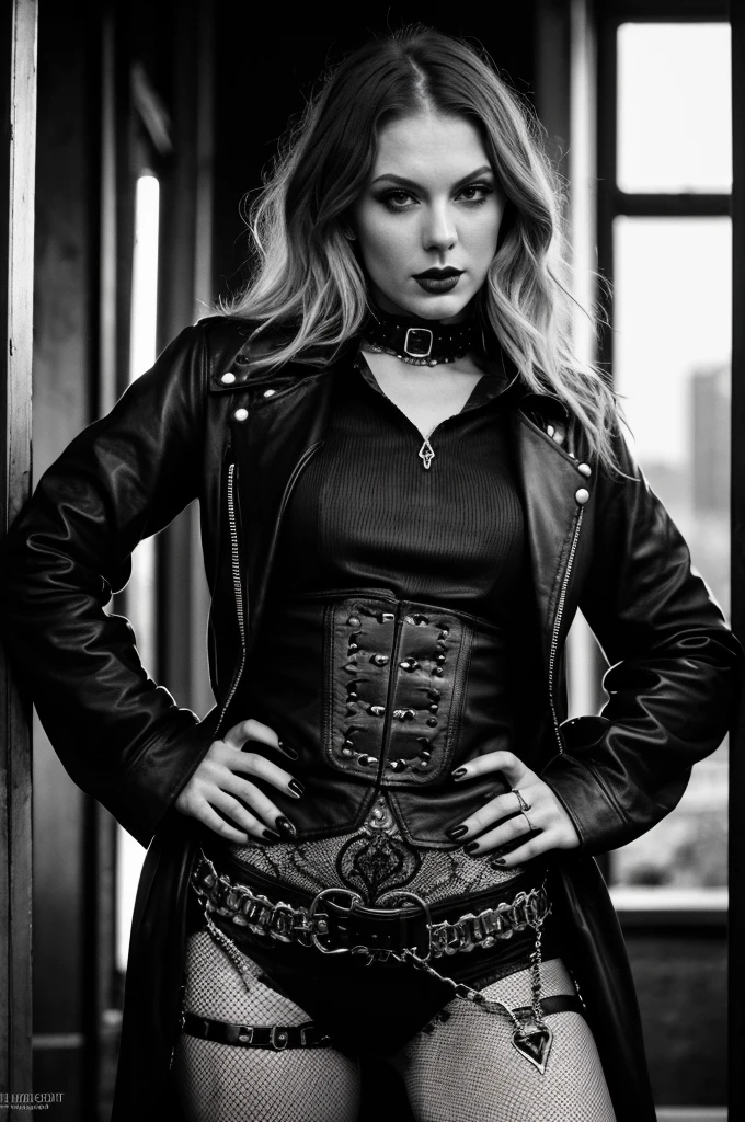 (best quality, highres, ultra-detailed, realistic:1.37), Taylor Swift singer posing for a photo, full body, beautiful female punk, gothic top model, dark piercing eyes, extremely detailed eyes and face, beautiful detailed lips, long eyelashes, nasty gaze, aggressive look, corpsepaint, gothcore, intense gothic atmosphere, black leather jacket, spiked collar, heavy eye makeup, dark lipstick, confident posture, standing tall, vibrant colors with a dark undertone, film noir style.