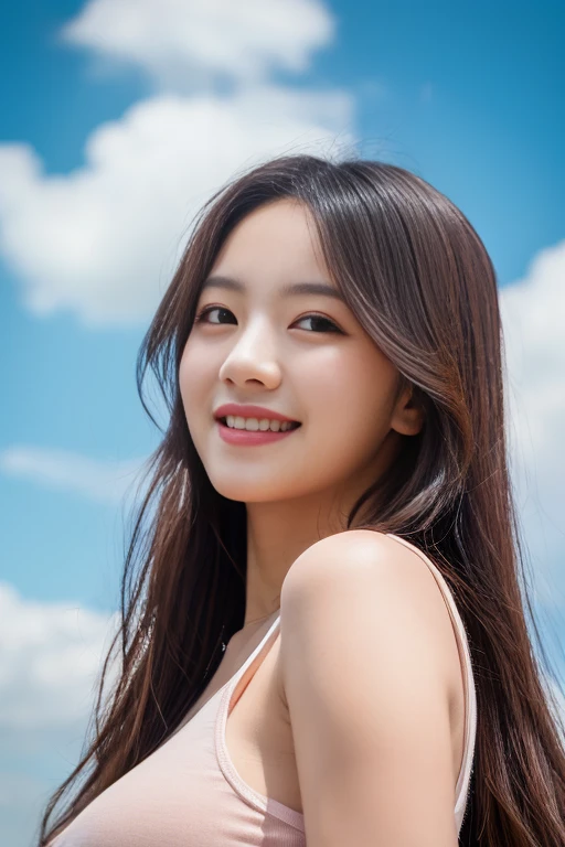 (8K, highest quality, masterpiece:1.2), (realistic, realistic:1.37), ultra detail, 1 girl, Korean, cute,alone,beautiful and detailed sky,date,(blush),(smile:1.15),(closed mouth)small breasts,beautiful and fine eyes,(long hair: 1.2),Floating hair NovaFrogStyle, Upper body, Tank top