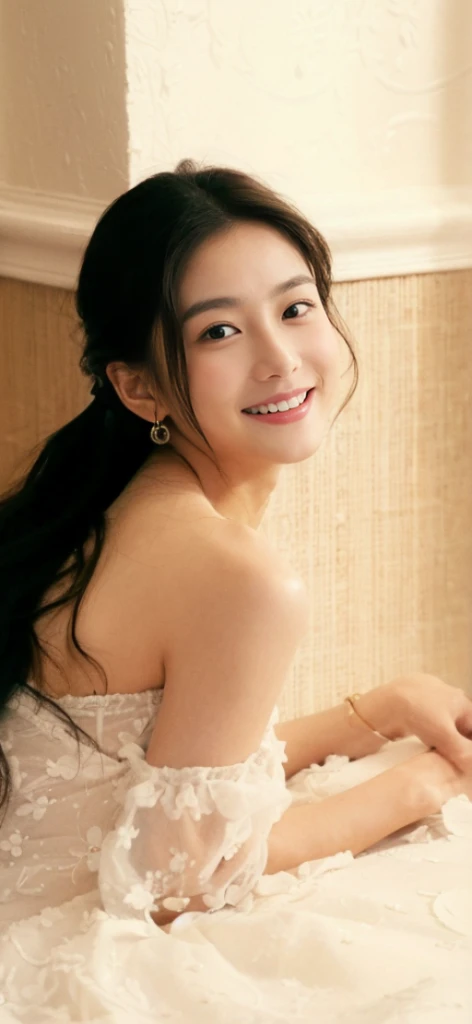 ((Masterpiece, Top image quality, high resolution、solo、small 、sleeveless on land、track and field athlete、high ponytail hairstyle、Not wearing、Whole BodyEsbian、a smile、smile slightly、Tekatka skin、shiny skin))(on the table, best quality, realistically, Super detailed, meticulous, high resolution, 8k wallpaper), Close-up portrait of a beautiful woman, Chariada, smiling, light brown messy hair, Perfect dynamic composition, 美丽meticulous的眼睛, Just like the cover of a fashion magazine, on campus