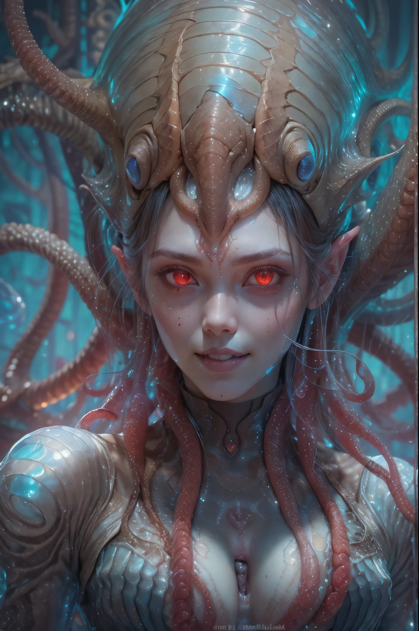 scary and sexy detailed art in color, Portrait, (beautiful and obscene female alien:1.4), (vulgarity1.7), (she has red eyes with no pupils:1.8), (Translucent white skin:1.7), (There is a female genital-like organ in the middle of the forehead:1.9), (The most beautiful face in the history of the universe:1.2),an evil gaze that seduces, (large mouth:1.1), (sharp teeth like a vampire:1.2), Full body portrait, (bio luminescent:1.5), (Smile wickedly:1.3), (sexypose:1.5), alien, No humans, cells are fused, (Lots of translucent tentacles:1.3) extraterrestrial, cell, bio image, best quality, 8K, In 4K_quality, High freshness, Dramatic Lighting, masutepiece:1.5,cinematic quality, detail up, (exquisite details:1.2), high resolution, High freshness, drawing faithfully, (Thick eyebrows:1.2), Beautiful eyes with fine symmetry,(Highly detailed face and eyes:1.2), Intimate face, (Super detailed skin quality feeling:1.4), perfect anatomy, (Beautiful toned body:1.5), (Moist skin:1.2), not wearing makeup, (dark circles:1.1), long canines, cinematic drawing of characters, ultra high quality model, cinematic quality, detail up, (exquisite details:1.2), high resolution, High freshness, drawing faithfully, official art, Unity 8K Wall paper, best quality, Very high resolution, ultra detailed artistic photography, midnight aura, unreal engine 5, Ultra Sharp Focus, art by Amano Yoshitaka, ArtGerm, Roisch, intricate artwork, best quality, masterpiece, ultra high resolution, (photos realistic:1.4), ultra realistic realism, dream-like, nautilus, Creation of fantasy, Snail, Dream Snail, (biopunk nautilus:1.3),Thrilling color schemes, ultra realistic realism, seductively smiling, Blue tentacles, Amazing mutation, well-proportioned body, goddess of the deep sea