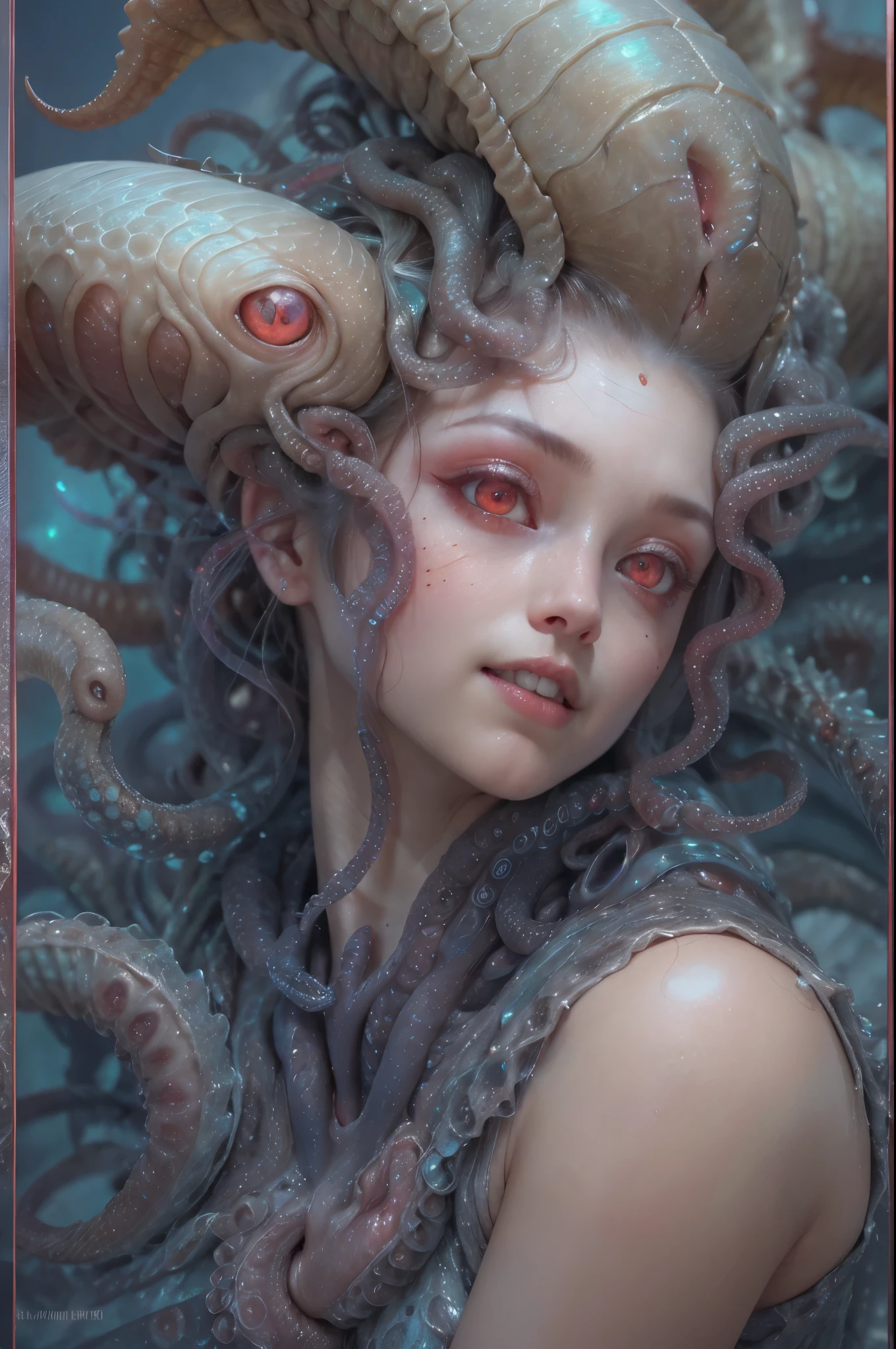 scary and sexy detailed art in color, Portrait, (beautiful and obscene female alien:1.4), (vulgarity1.7), (she has red eyes with no pupils:1.8), (Translucent white skin:1.7), (There is a female genital-like organ in the middle of the forehead:1.9), (The most beautiful face in the history of the universe:1.2),an evil gaze that seduces, (large mouth:1.1), (sharp teeth like a vampire:1.2), Full body portrait, (bio luminescent:1.5), (Smile wickedly:1.3), (sexypose:1.5), alien, No humans, cells are fused, (Lots of translucent tentacles:1.3) extraterrestrial, cell, bio image, best quality, 8K, In 4K_quality, High freshness, Dramatic Lighting, masutepiece:1.5,cinematic quality, detail up, (exquisite details:1.2), high resolution, High freshness, drawing faithfully, (Thick eyebrows:1.2), Beautiful eyes with fine symmetry,(Highly detailed face and eyes:1.2), Intimate face, (Super detailed skin quality feeling:1.4), perfect anatomy, (Beautiful toned body:1.5), (Moist skin:1.2), not wearing makeup, (dark circles:1.1), long canines, cinematic drawing of characters, ultra high quality model, cinematic quality, detail up, (exquisite details:1.2), high resolution, High freshness, drawing faithfully, official art, Unity 8K Wall paper, best quality, Very high resolution, ultra detailed artistic photography, midnight aura, unreal engine 5, Ultra Sharp Focus, art by Amano Yoshitaka, ArtGerm, Roisch, intricate artwork, best quality, masterpiece, ultra high resolution, (photos realistic:1.4), ultra realistic realism, dream-like, nautilus, Creation of fantasy, Snail, Dream Snail, (biopunk nautilus:1.3),Thrilling color schemes, ultra realistic realism, seductively smiling, Blue tentacles, Amazing mutation, well-proportioned body, goddess of the deep sea