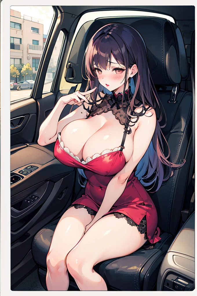 perfect human body,girl, Mature female, Mature, Beautiful wife,Intellectual woman,very long hair, blush, lipstick,(Very detailed background,living room), victorian style short dress,((woman with fever)),huge ,(blush:1.2),sitting in car,passenger seat,breast_grab, masturbation, shaved_pussy,
