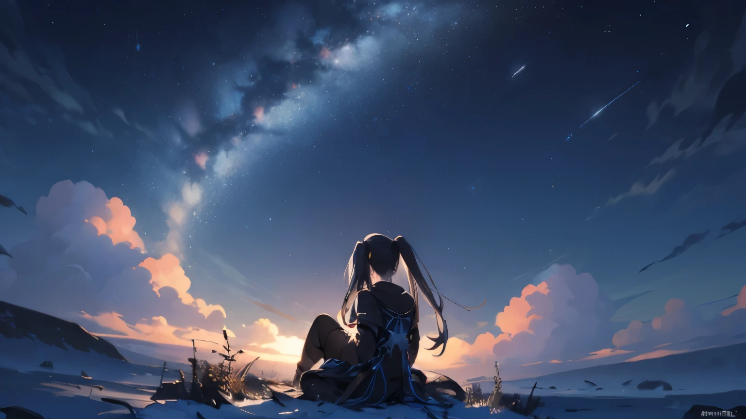 octane, null, star (null), scenery, starry null, night, 1 girl, night null, alone, outdoor, cloud, milky way, sitting, wood, long hair, twin tails、back view