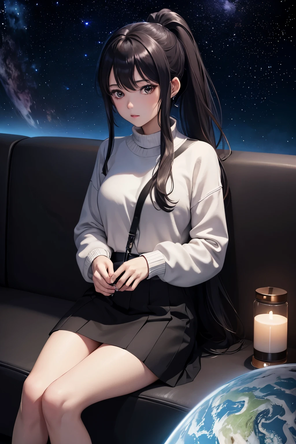 high quality、8K、photorealistic anime drawings、Inside the dark planetarium、stars projected on the wall、1 adult female、25 years old、(long ponytail、skirt、knit)、((Hold your smartphone in your hand and look at it、sit in a reclining seat、Bored look)、eyes ajar)