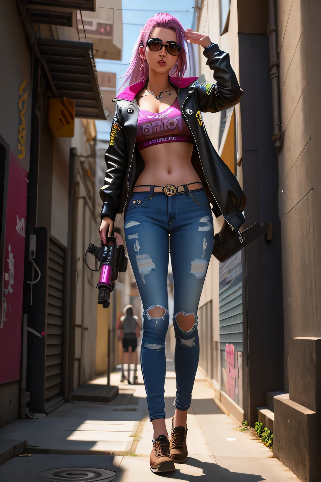 mulher arrafada com blusa rosa e jeans andando por uma rua, cyberpunk 2 0 anos. oh garota modelo, posando em uma rua urbana, parado em uma rua da cidade, jeans azul. Irreal 5, CGSsociety, corpo inteiro, full body cinematic shot, linda modelo de mulher cyberpunk, estilo cyberpunk hiper-realista, garota de anime cyberpunk feminina, anime 3d realista
