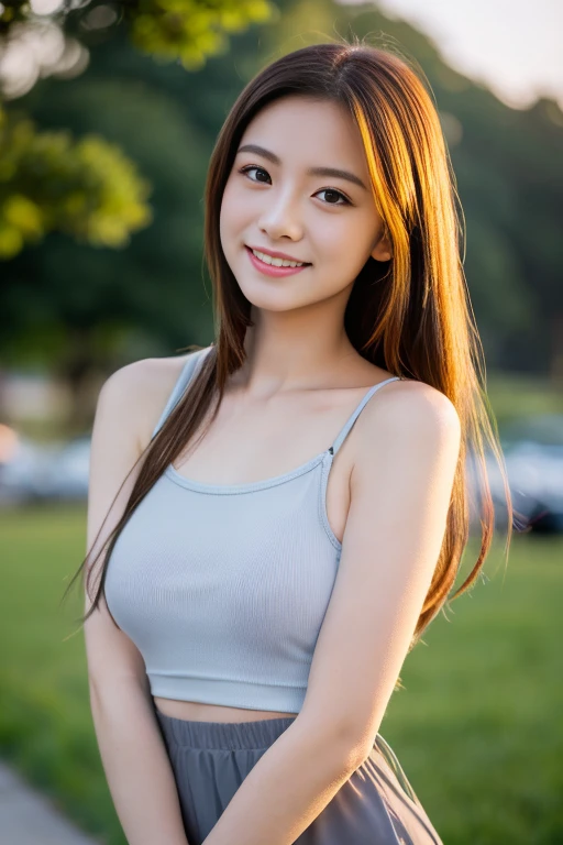 (8K, highest quality, masterpiece:1.2), (realistic, realistic:1.37), ultra detail, 1 girl, Korean, cute,alone,beautiful and detailed sky,date,(blush),(smile:1.15),(closed mouth)small breasts,beautiful and fine eyes,(long hair: 1.2),Floating hair NovaFrogStyle, Upper body, Tank top