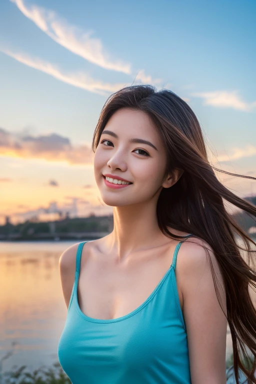 (8K, highest quality, masterpiece:1.2), (realistic, realistic:1.37), ultra detail, 1 girl, Korean, cute,alone,beautiful and detailed sky,date,(blush),(smile:1.15),(closed mouth)small breasts,beautiful and fine eyes,(long hair: 1.2),Floating hair NovaFrogStyle, Upper body, Tank top