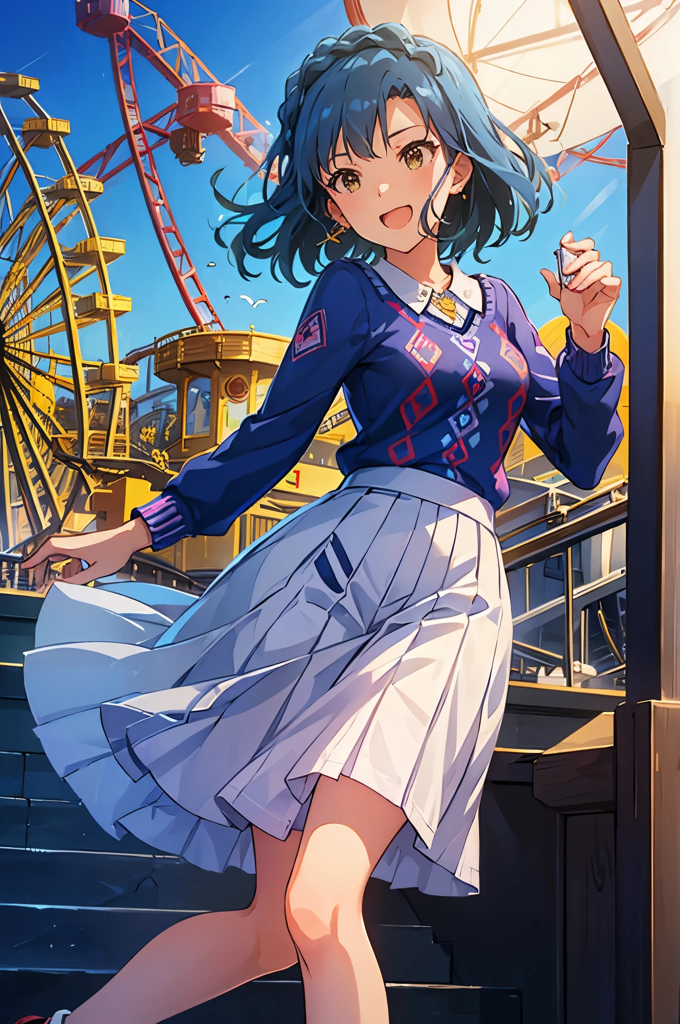 yuriko nanao (million live), 1 girl, Solo, Cute Girl, Best Quality, Ultra-detailed, 8K, High resolution, Detailed face, Bob Hair, smile, have fun, eating a ice cream, ((blue sweater, Argyle sweater, short sleeves))), gray skirt, pleated skirt, black socks, brown footwear, (((in the amusement park, Ferris wheel and roller coaster in the background))),