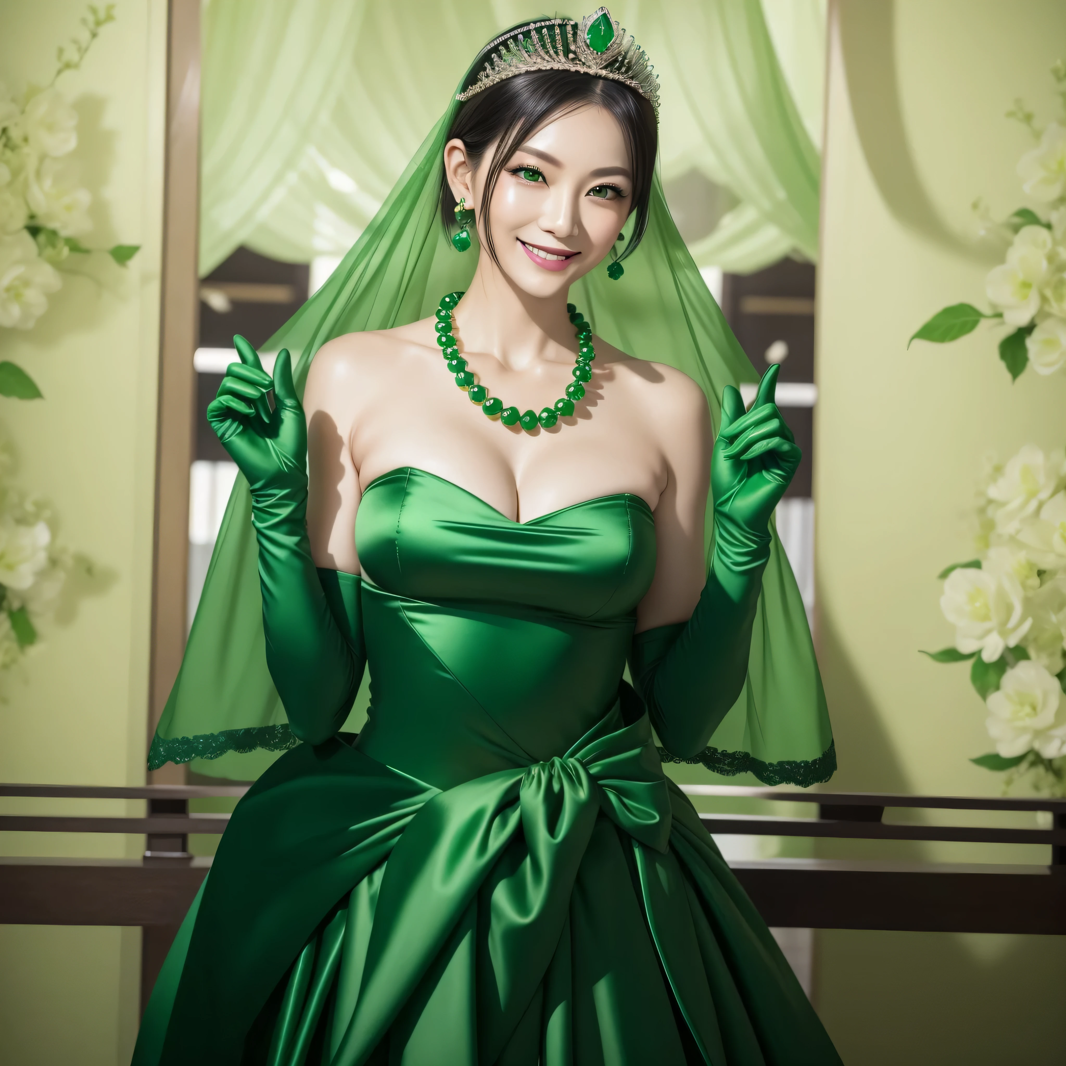 beautiful mature japanese woman, finger details, beautiful hands,emerald tiara, green pearl necklace, boyish very short green hair, lipstick, smiling Japanese woman, very short hair, big breasts beautiful, green eyes, Long Green Satin Gloves, green eyes, emerald earrings, green veil, V sign