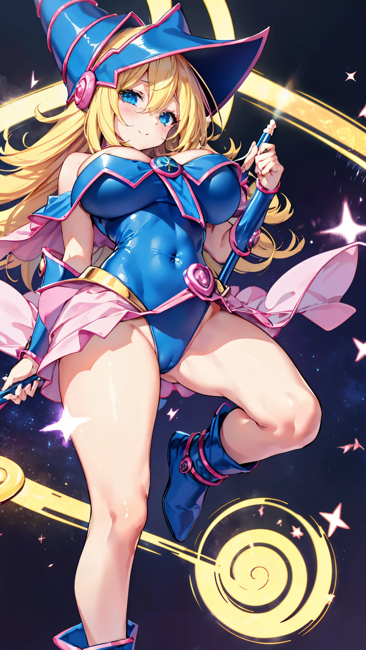 Black Magician Girl、super breasts、thick thighs、blonde hair、magic circle、8K, 4k, highest quality, High resolution: 1.2),winking、One breast exposed、cute anime face、Pink blush on cheeks、noise removal、Leotard that bites into、have a cane、Hold your cane、Rear view、Turning around、full body portrait、T-back that digs into your butt
