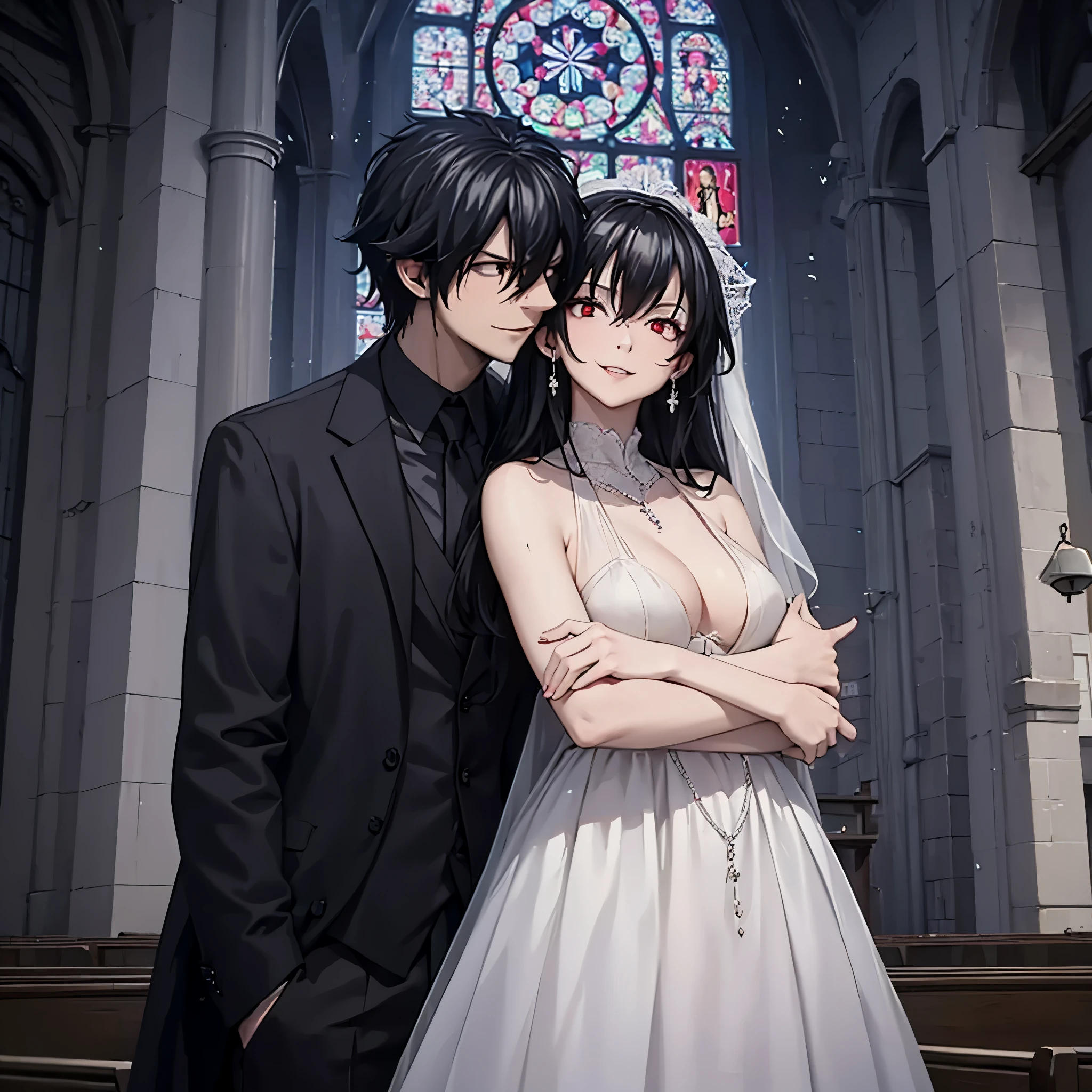 a man in a black suit hugging a woman and kissing. (red eyes), wearing white wedding clothes in a church, smiling, perfect features, perfect face
