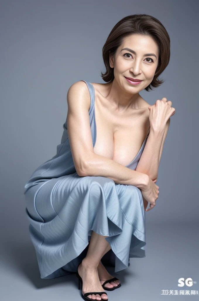 (masterpiece, highest quality), japanese mature, (alone), 60 years old, (wrinkles around the eyes:1.45), (Nasolabial fold at the mouth:1.3), big breasts, mature woman, Glamour, Sexy, pure white skin, looking at the viewer、(((super big breasts:1.28)))、(((Gray hair)))、long hair、small diamond necklace、earrings、(((dark blue satin party dress)))、high heels、smile、Public place、spread legs、Crouching、full body photo、