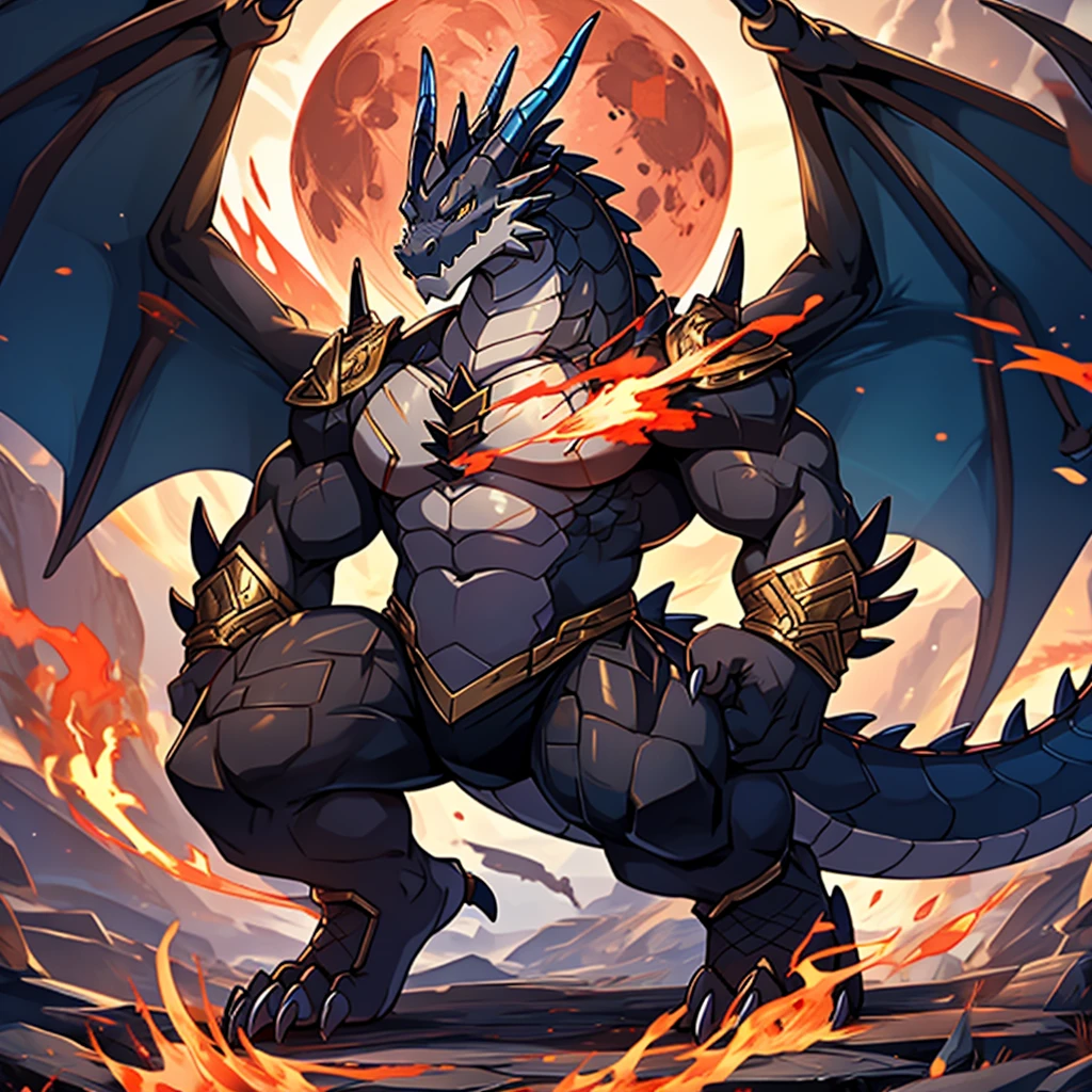 (The violent and powerful Black Dragon King，strong dragon，Wearing modern black and gold armor：55)，(Broad dragon body，majestic wingspan，Sharp and huge dragon claws，thick dragon tail：2)，Strong build，Huge size，Dragon legs are bent，(blue dragon flame：2)，blood moon，overwhelming sense of presence，full body picture，Very detailed，4K HD