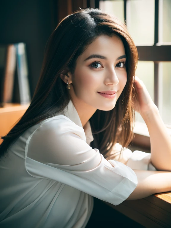 ((highest quality, 8K, masterpiece:1.3, portrait photography, sharp:1.2)),A Beautiful Female Figure:1.4, sexy body, oval face shape, fine eyes, smile,double eyelid,((Layered, slightly wavy long hairstyle, Dark hair color)), Wearing an office shirt:1.1, (Satin material), Highly detailed face and skin texture,(body position in front of the camera), look at the camera, sitting near window, Light coming in through the window