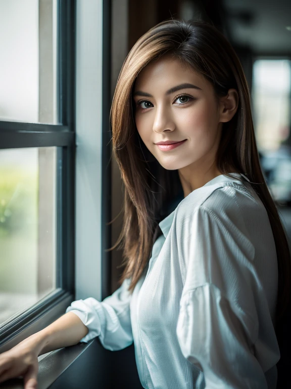 ((highest quality, 8K, masterpiece:1.3, portrait photography, sharp:1.2)),A Beautiful Female Figure:1.4, sexy body, oval face shape, fine eyes, smile,double eyelid,((Layered, slightly wavy long hairstyle, Dark hair color)), Wearing an office shirt:1.1, (Satin material), Highly detailed face and skin texture,(body position in front of the camera), look at the camera, sitting near window, Light coming in through the window