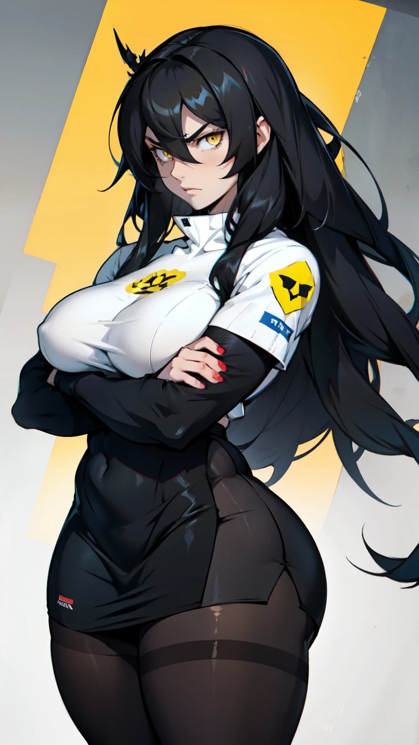 pale angry muscular girl thick breast black hair yellow eyes long hair hair between eyes thick pantyhose