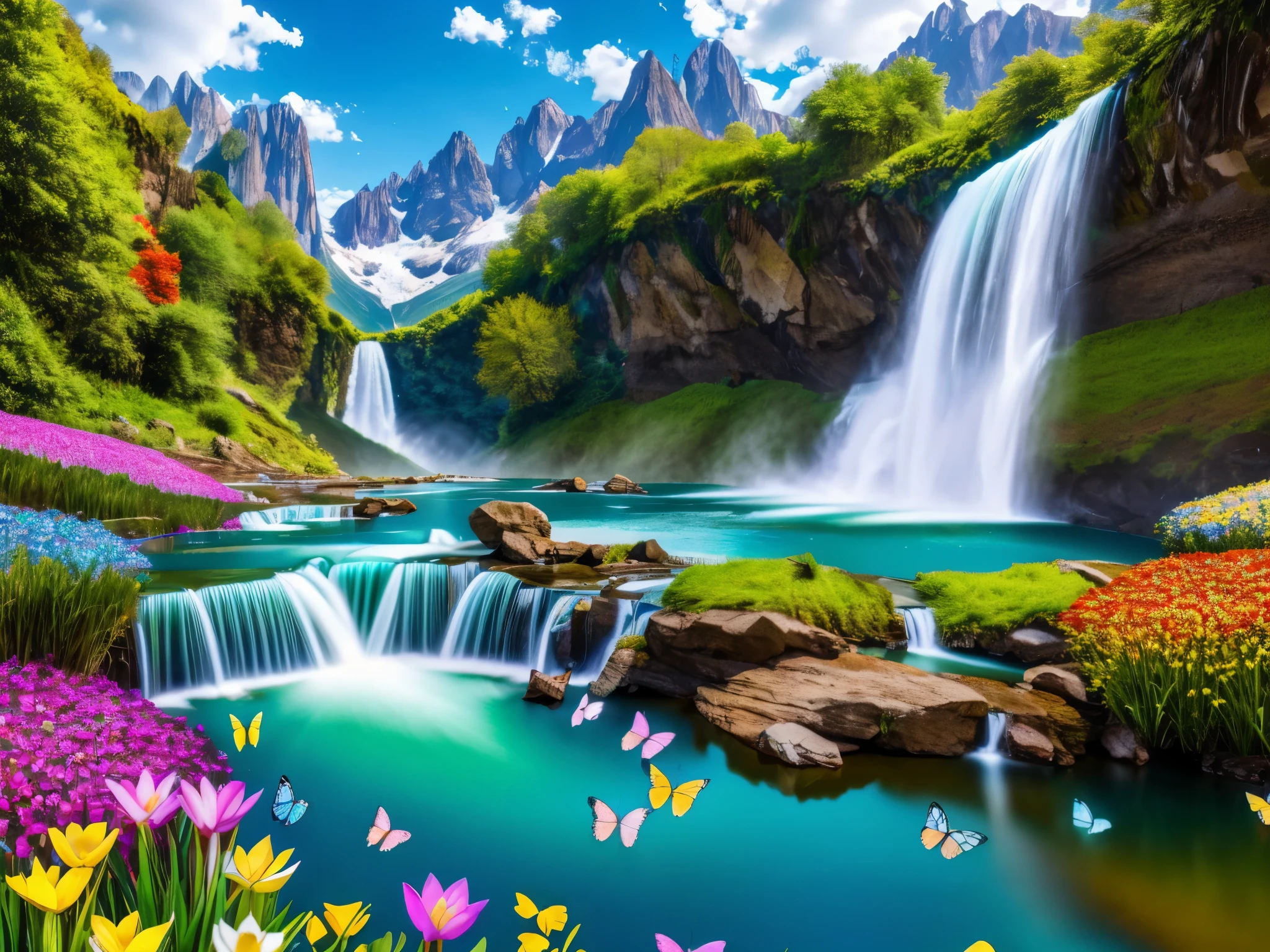 a field of brightly colored flowers of different type made of shiny glass with mountains in the background, multi-colored butterflies made of glass, a waterfall, stream and a lake, blue sky, white fluffy clouds, realistic mallard ducks in the stream and lake