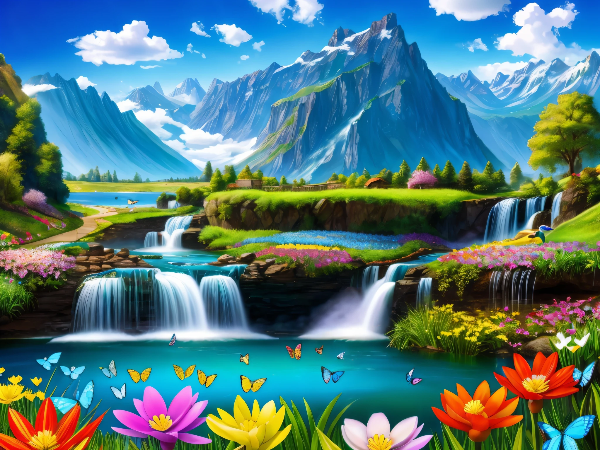 a field of brightly colored flowers of different type made of shiny glass with mountains in the background, multi-colored butterflies made of glass, a waterfall, stream and a lake, blue sky, white fluffy clouds, realistic mallard ducks in the stream and lake