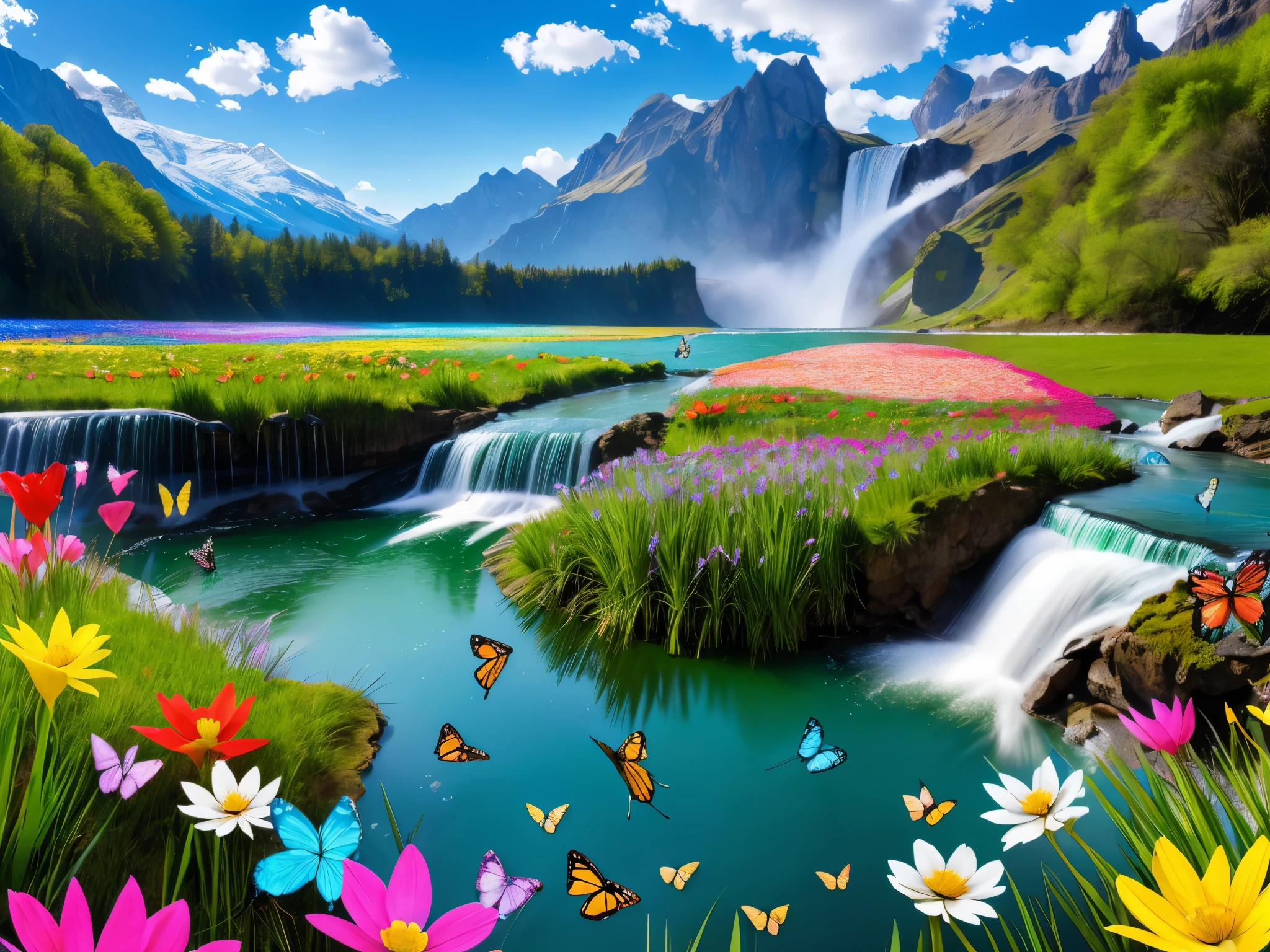 a field of brightly colored flowers of different type made of shiny glass with mountains in the background, multi-colored butterflies made of glass, a waterfall, stream and a lake, blue sky, white fluffy clouds, realistic mallard ducks in the stream and lake