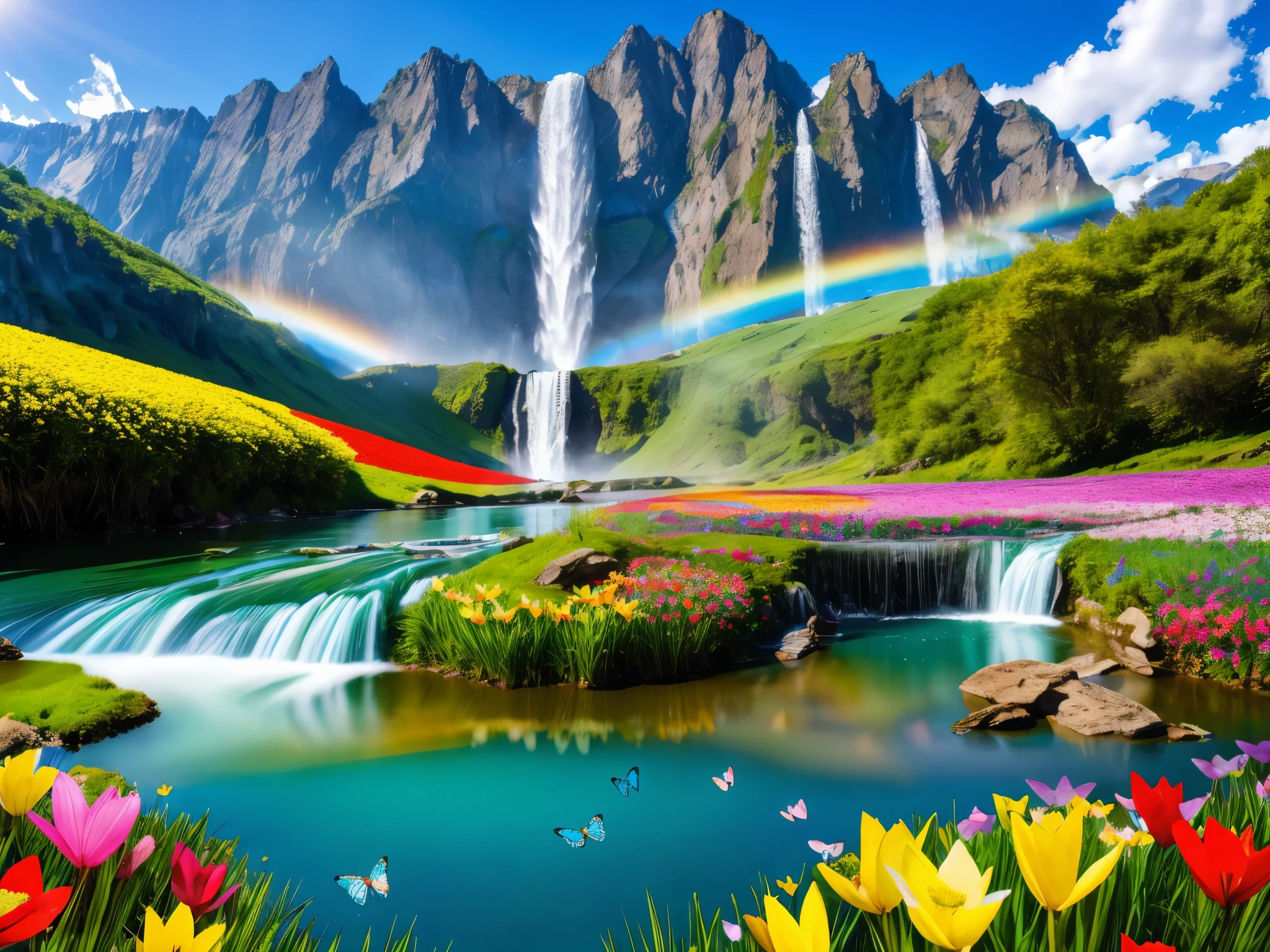 a field of brightly colored flowers of different type made of shiny glass with mountains in the background, multi-colored butterflies made of glass, a waterfall, stream and a lake, blue sky, white fluffy clouds, realistic mallard ducks in the stream and lake