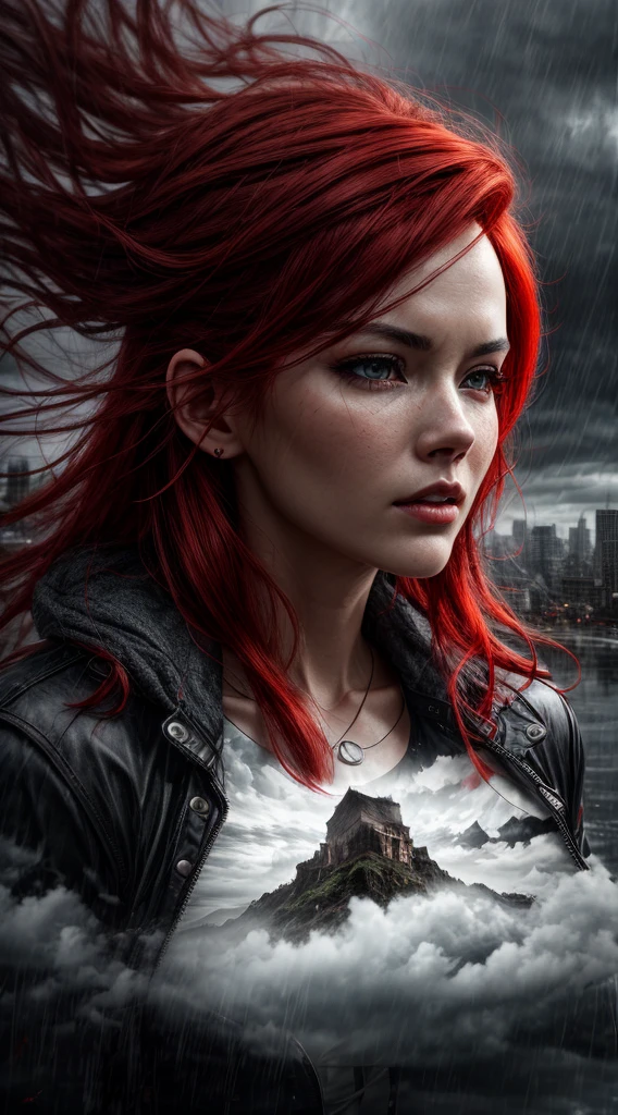 there is a woman with red hair and a black and red outfit, hyper-realistic style, ultrarealistic 8k, hyperrealistic, woman, angry gorgeous goddess, beautiful woman model, [foggy cityscape in the distance : very pretty girl, city:0.33] immersed in a giant flow of wind, living in a thunder cloud, behind the cloud, (double exposure:1.3), photo by Brandon Woelfelmist, surreal dream, gray atmosphere, rainy day, dynamic, lut, hdr