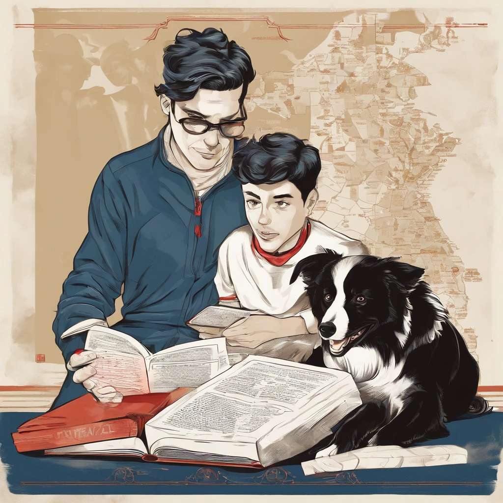 Raise a 3-year-old baby using only body parts, sitting on the floor, white floor Melanin White hair with golden curls blue eyes super beautiful baby (((ele usa apenas frauda))) and he has an open book in his hands he is reading a book, (((Next to him is a Border Collie dog sitting and looking at him.))). (Empty scenario, altamente branco)., he wears a red bandana around his neck, Fashion glasses, famous brand cap
, (((cartazes, planfetos, adesivos, propaganda, revista.)))