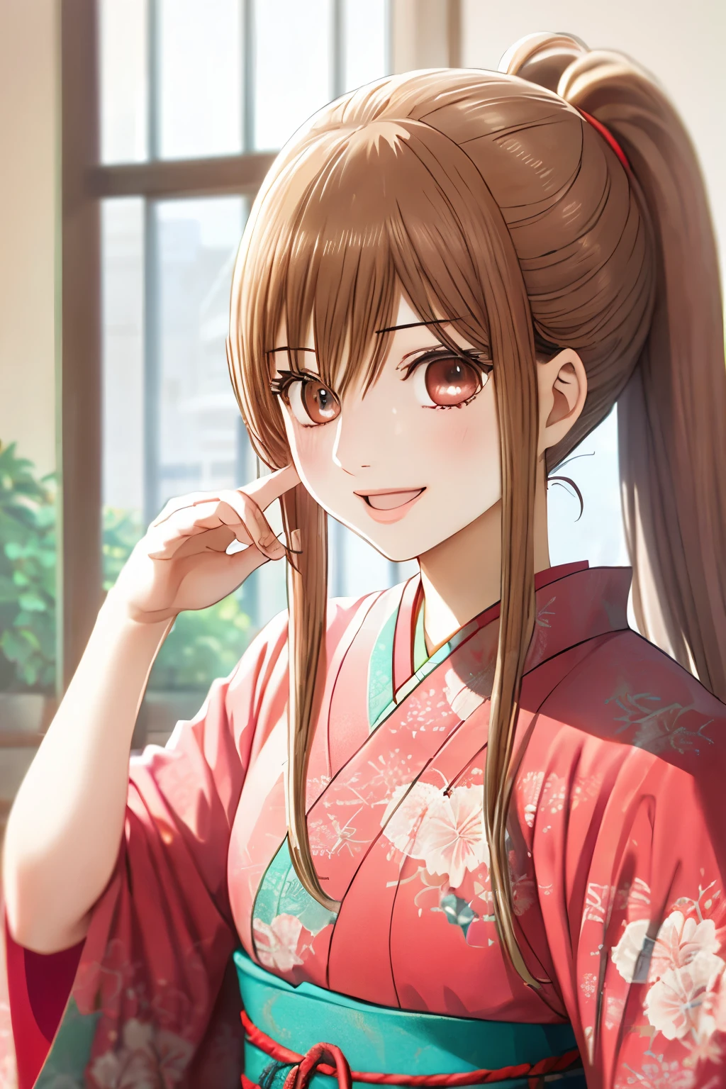 master piece, best quality, 8k, 超High resolution, highest quality, anime style, best writing, beautiful face, smile, open your mouth, smile, highest quality, High resolution, intricate details, highest quality, chromatic aberration, brown hair, ponytail, 1 girl, alone, kimono, kimono, seiza, whole body, long hair, thighs, long hair, hair ornaments, (face focus:1.3)